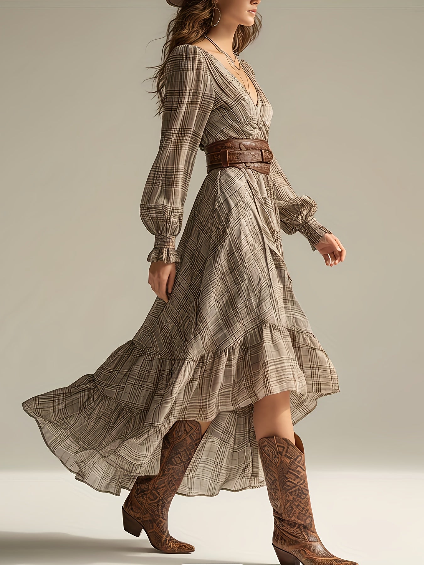 Women’s Elegant Plaid A-Line Dress – Long Sleeve Dipped Hem Midi | V-Neck Church & Wedding Guest Dress | Spring/Fall Special Occasion