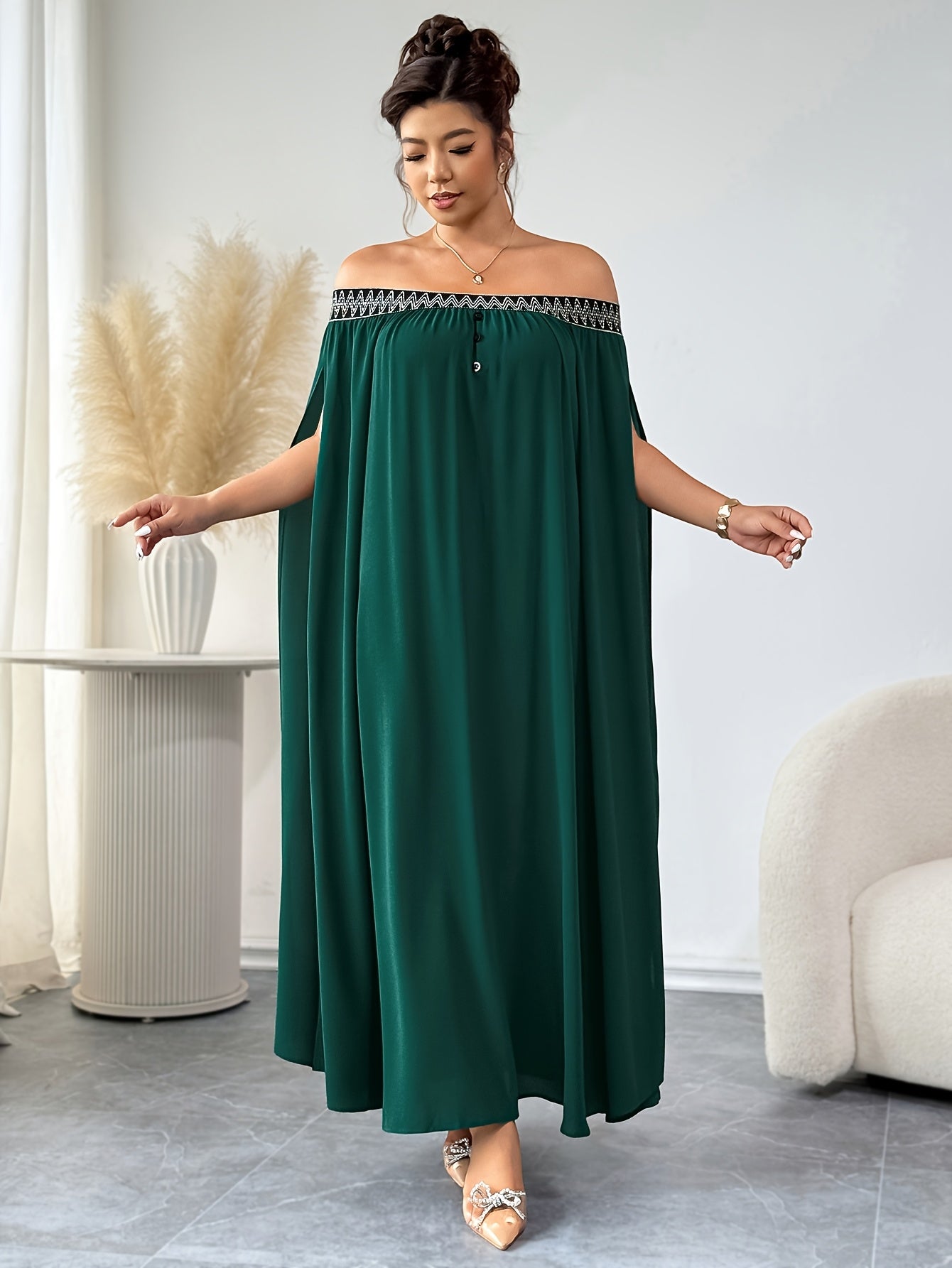 Plus Size Elegant Off-Shoulder Maxi Dress – Ruffled Sleeves, Lace Detailing, Solid Green, Fall/Winter Plus Size Women’s Fashion Dress