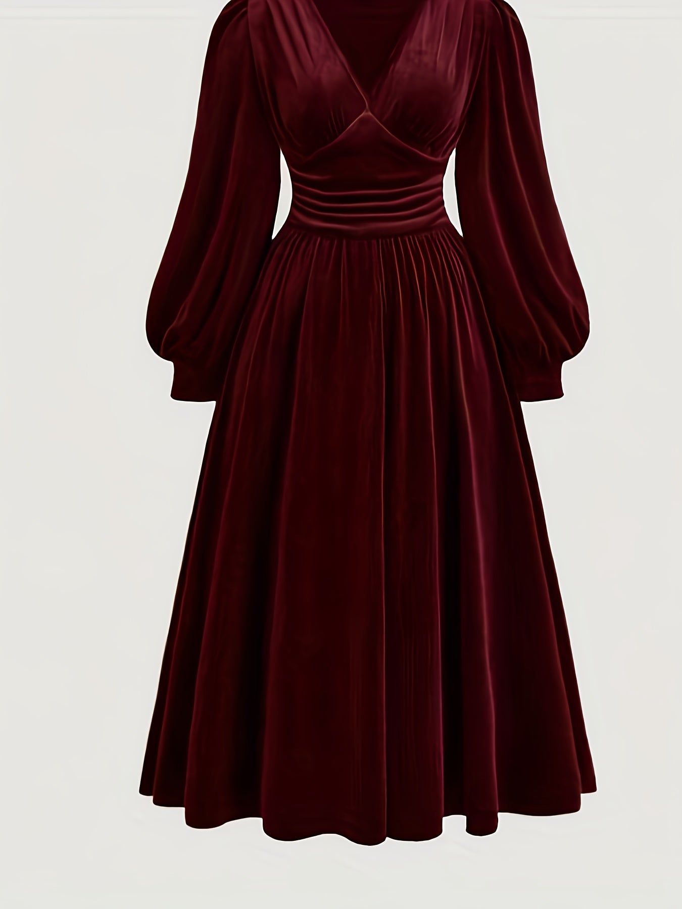 Women’s Elegant Olive Green V-Neck A-Line Maxi Dress – Ruched Waist & Puffed Sleeves | Formal Evening Gown for Parties & Weddings