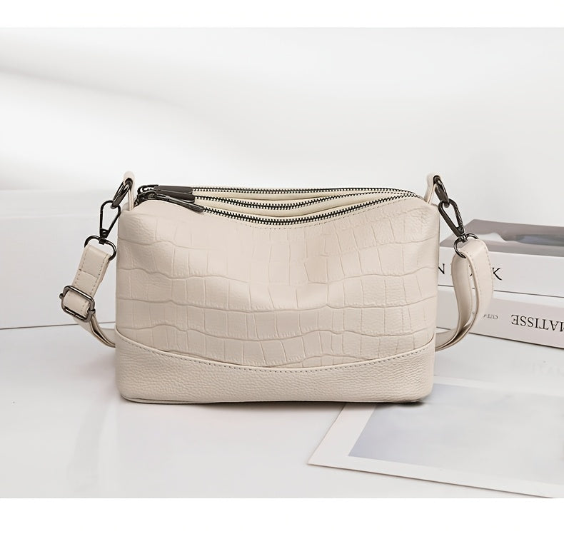 Women’s Large Capacity Genuine Leather Crossbody Bag – Detachable Strap & Golden-Tone Hardware, Structured Round Toe Design