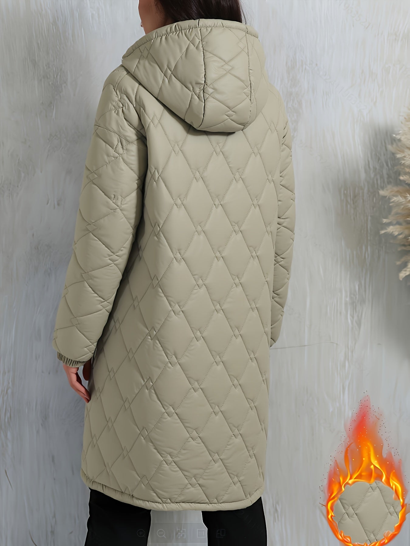 Women’s Elegant Long Winter Coat – Thick Quilted Hooded Jacket with Double Zipper, Warm Geometric Pattern, Loose Fit Style for Fall & Winter