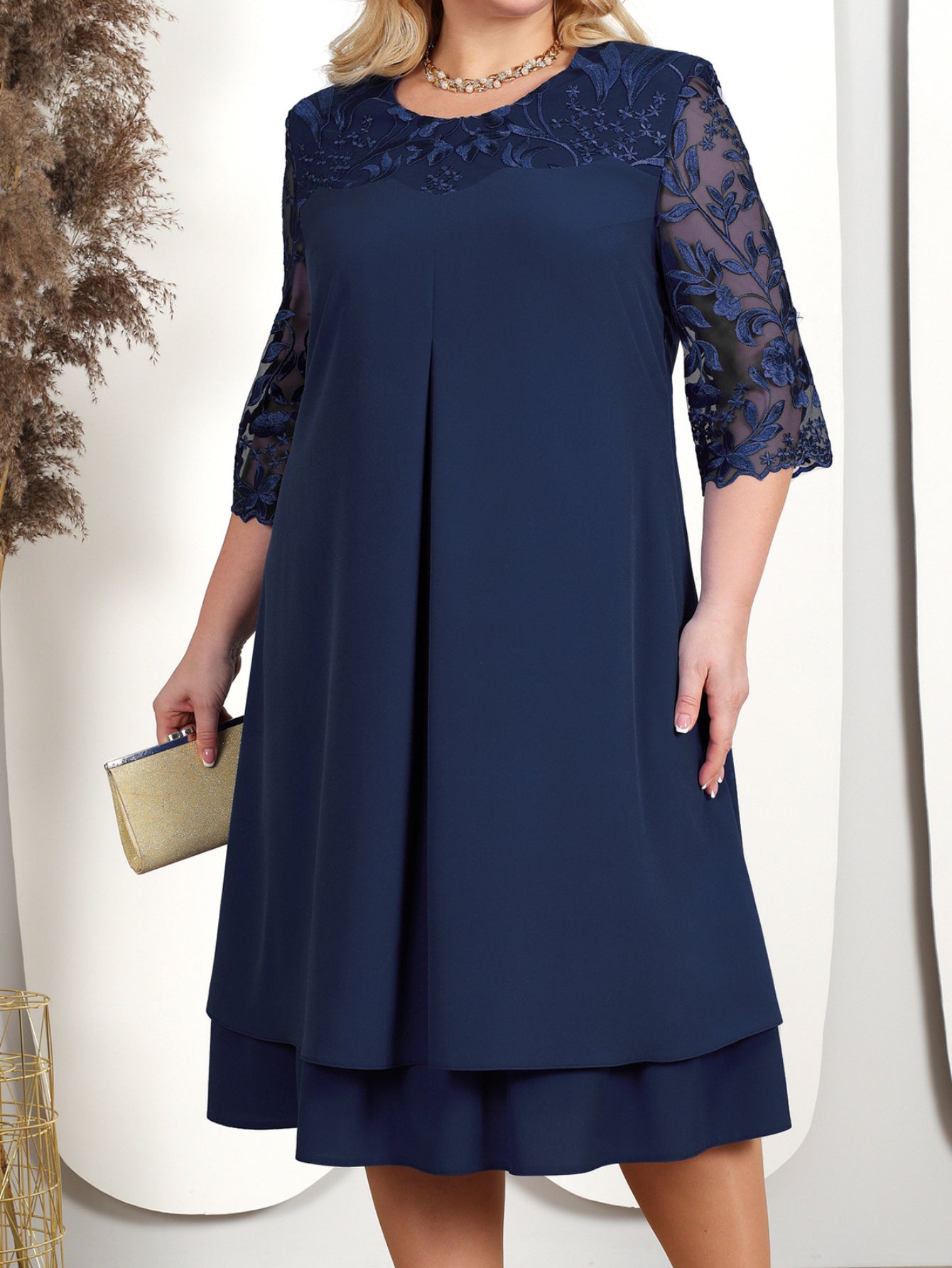 Elegant Plus Size Embroidered Chiffon Midi Dress – Blue | Half Sleeve | Crew Neck | Knee-Length | Wedding & Casual Wear
