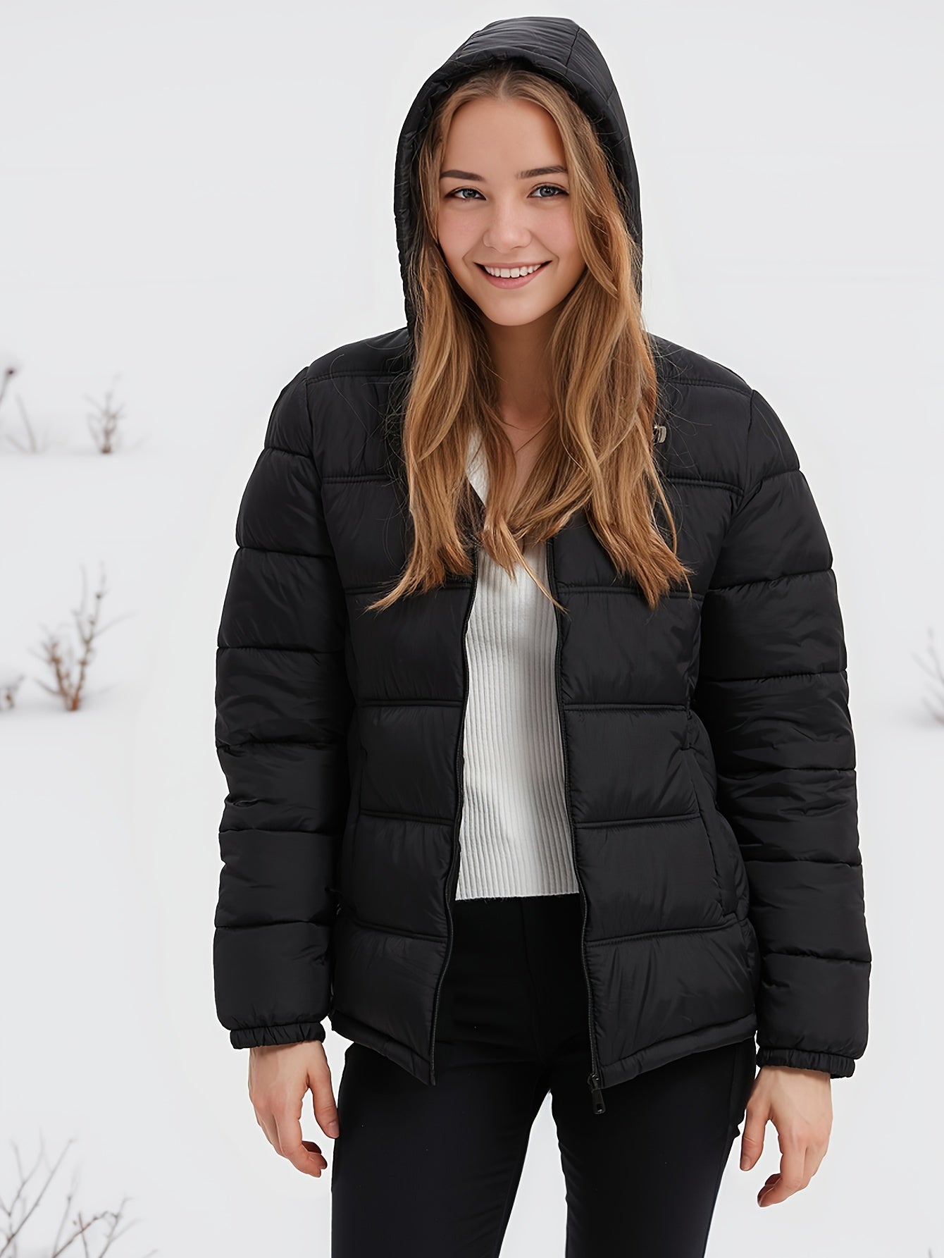 Women’s Quilted Hooded Winter Jacket – Thermal Puffy Design, Adjustable Hood, Warm Solid Winter Coat