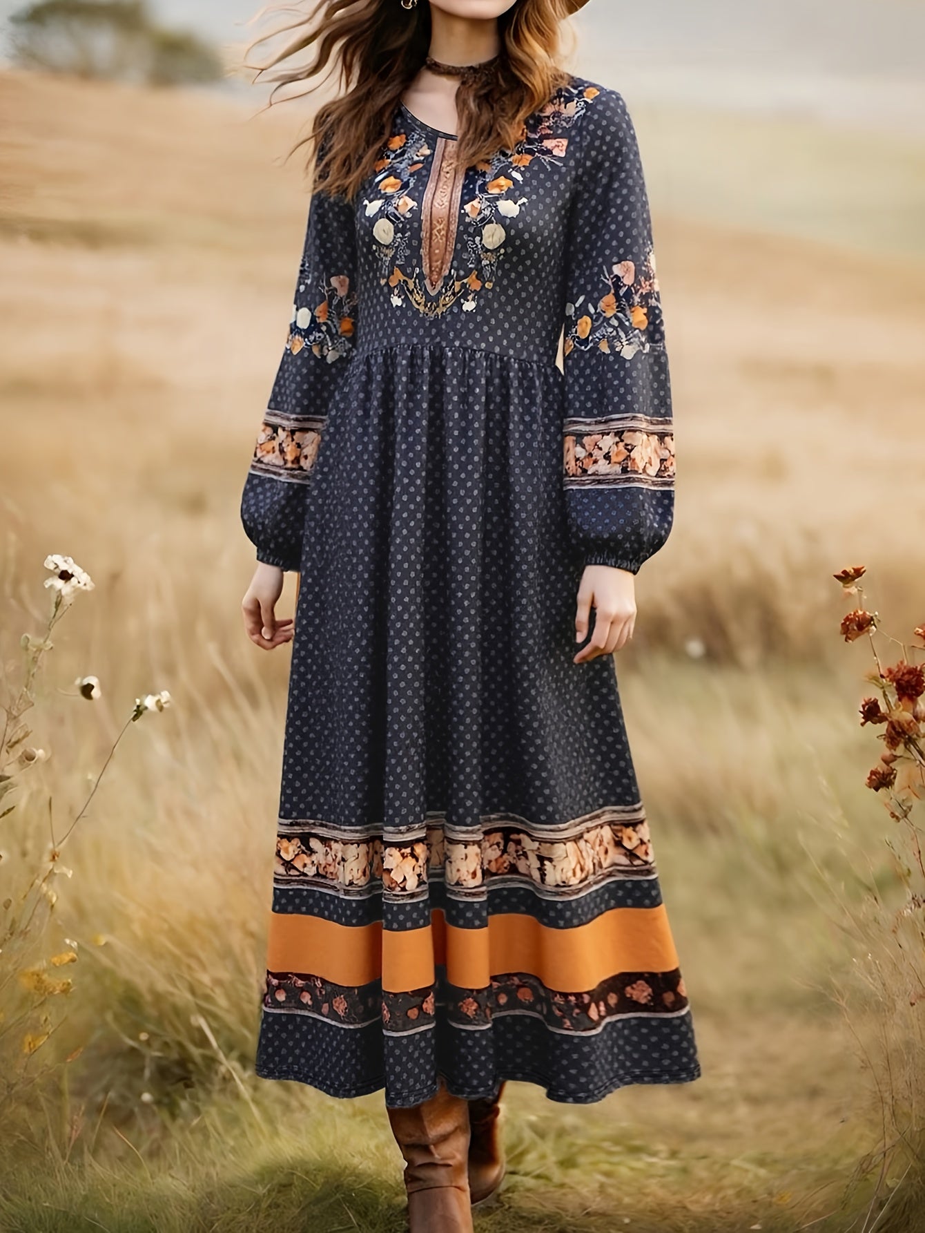 Women’s Bohemian Floral Print Maxi Dress with Puff Sleeves – Long Sleeve A-Line Winter Dress with Pockets (Navy & Orange)