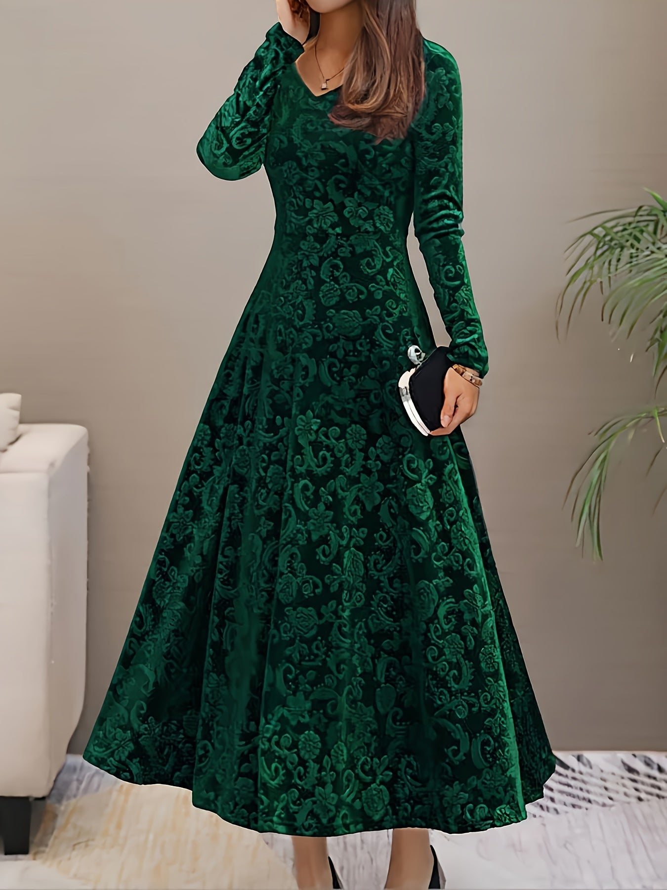 Women’s Elegant Green Poinsett & Golden Leaf Print Velvet Jacquard Dress – Floor-Length A-Line Gown | High-Stretch | V-Neck | Winter & Holiday Special 2025