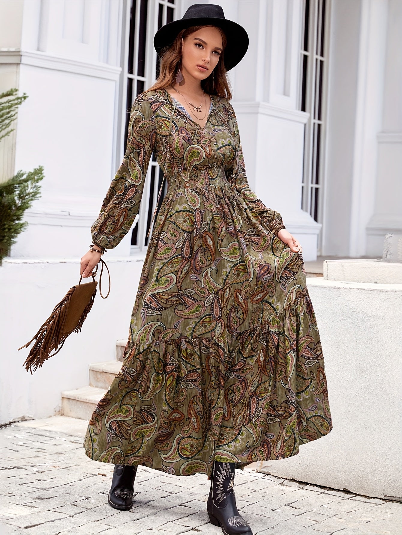 Women’s Bohemian Multi-Color A-Line Maxi Dress – V-Neck Long Sleeve Floor-Length Fall/Winter Party & Wedding Guest Dress (Green/Brown/Black/Beige/Taupe)