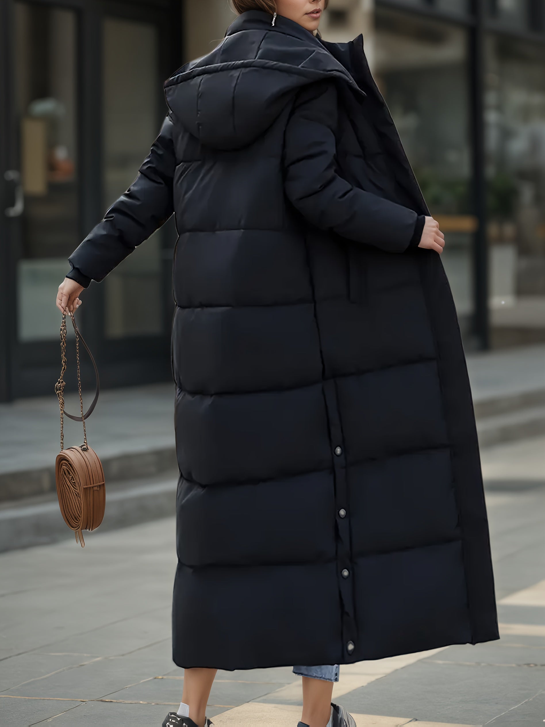 Women’s Elegant Winter Coat – Thickened Cold Weather Outerwear with Full-Zip Closure, Knee-Length Hooded Jacket for Everyday & Formal Events