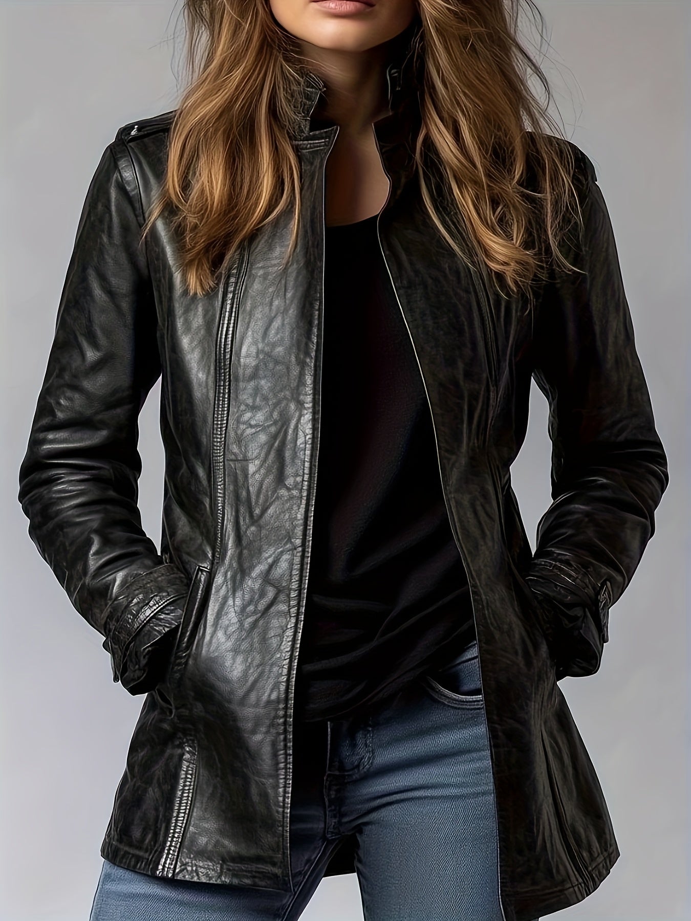 Women’s Retro Genuine Leather Motorcycle Jacket – All-Season Slim-Fit Mid-Length Zip Front Coat with Stand Collar & Functional Pockets | Vintage Outerwear
