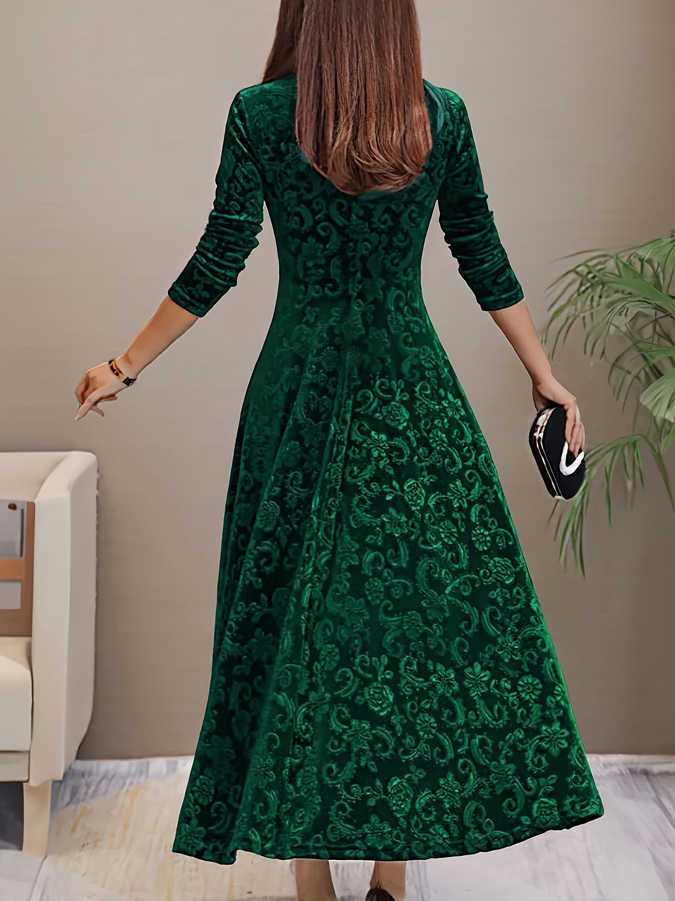 Women’s Elegant Green Poinsett & Golden Leaf Print Velvet Jacquard Dress – Floor-Length A-Line Gown | High-Stretch | V-Neck | Winter & Holiday Special 2025