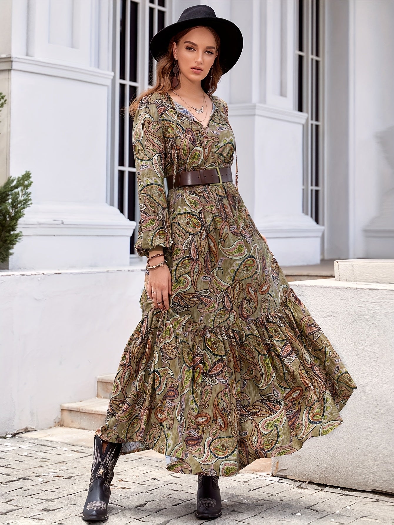 Women’s Bohemian Multi-Color A-Line Maxi Dress – V-Neck Long Sleeve Floor-Length Fall/Winter Party & Wedding Guest Dress (Green/Brown/Black/Beige/Taupe)