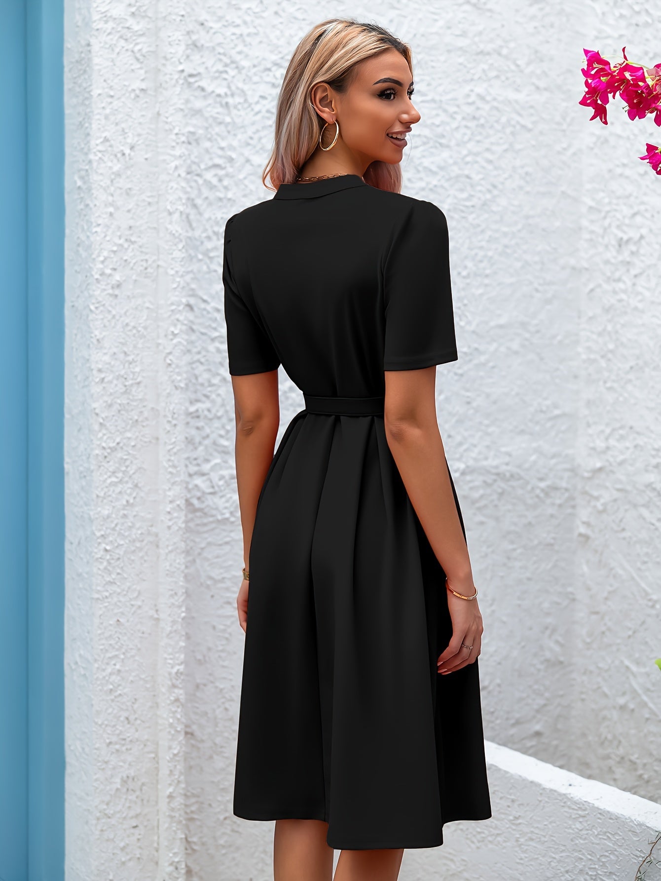 Elegant V-Neck Midi Dress for Women – Retro Fit | Short Sleeves | Flared Hem | Pockets & Waist Belt | Solid Color