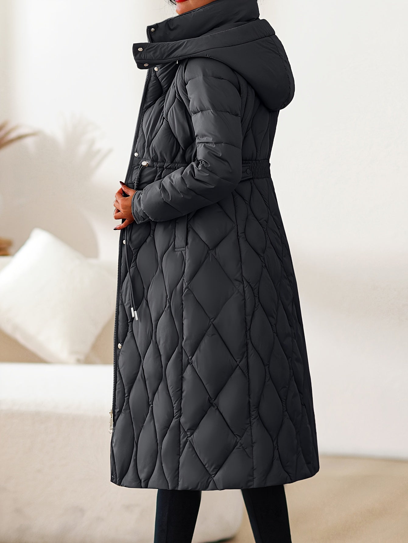 Women’s Winter Coat with Hood – Long Formal & Everyday Outerwear | Belted Waist, Solid Neutral Tones, Zipper Closure | Elegant Cold-Weather Jacket