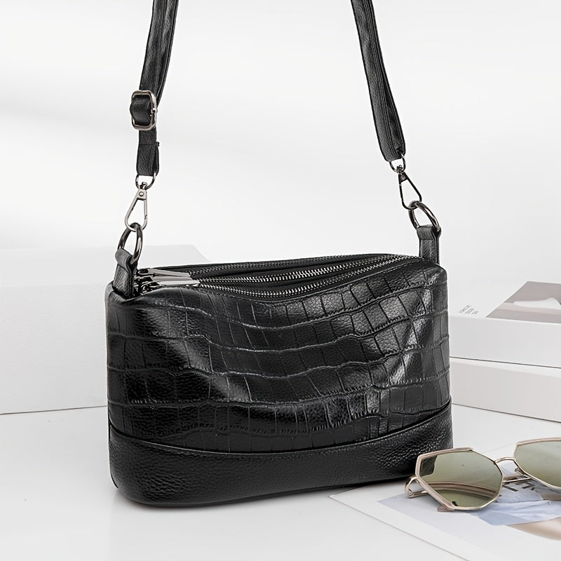 Women’s Large Capacity Genuine Leather Crossbody Bag – Detachable Strap & Golden-Tone Hardware, Structured Round Toe Design