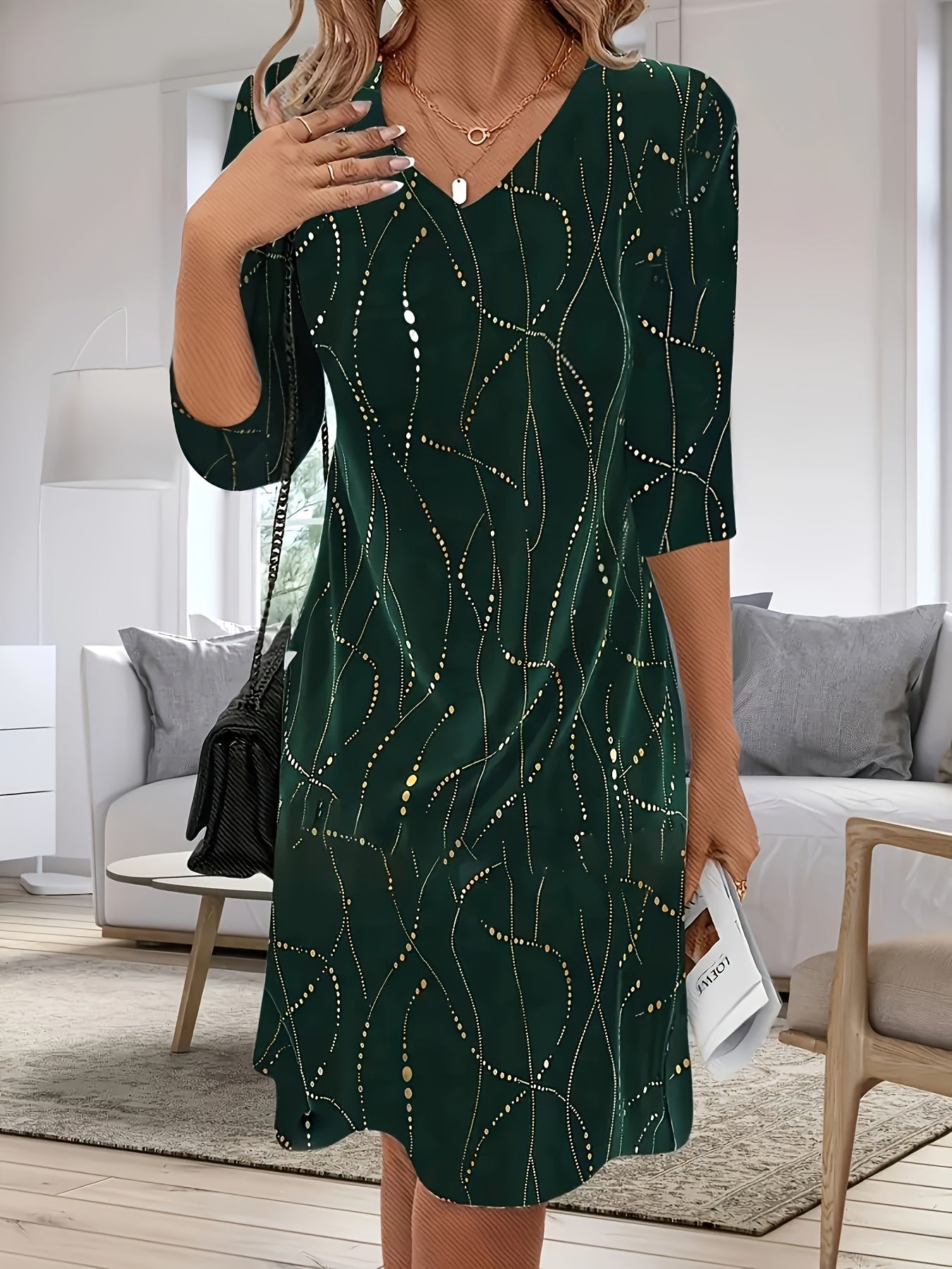 Women’s European & American V-Neck Polka Dot Midi Dress – Autumn/Winter Elegant Printed Tunic Dress