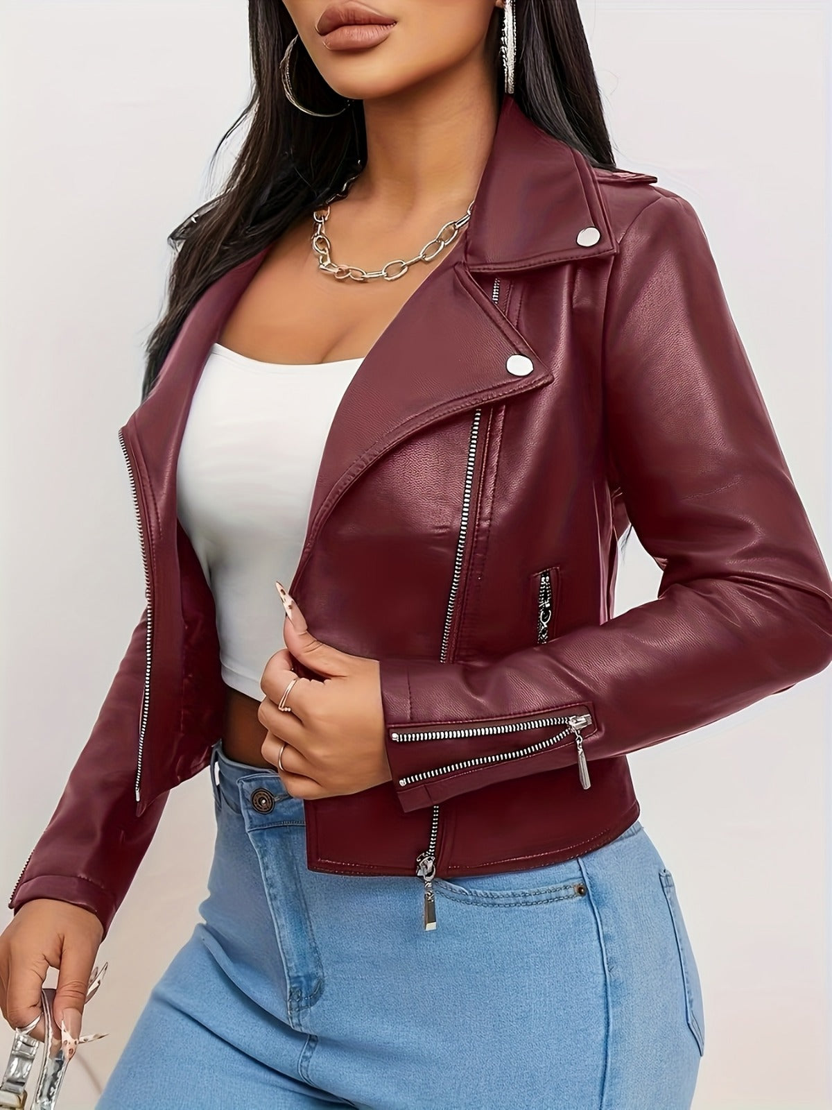 Women’s Chic Genuine Leather Biker Jacket – Beige Slim-Fit Moto Style with Zipper Front & Pockets | Spring/Fall Fashion