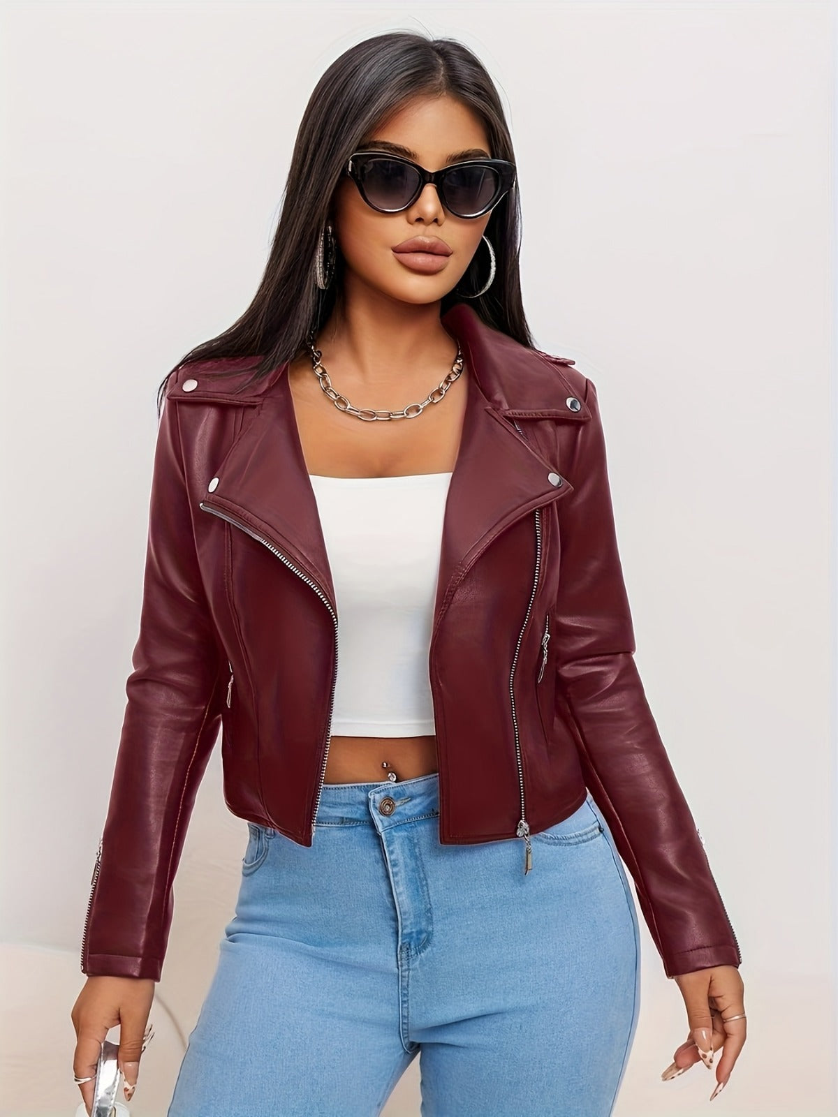 Women’s Chic Genuine Leather Biker Jacket – Beige Slim-Fit Moto Style with Zipper Front & Pockets | Spring/Fall Fashion