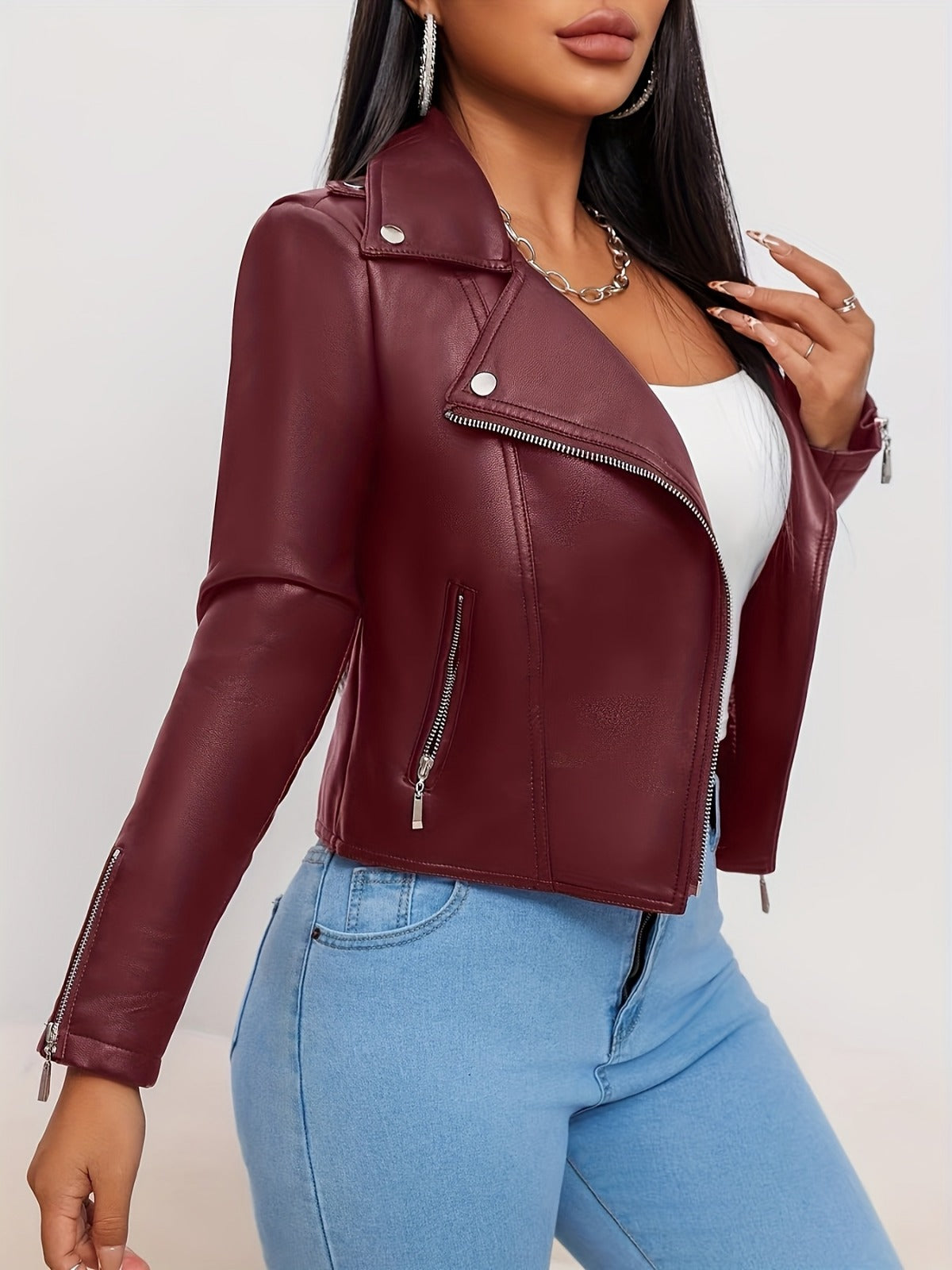 Women’s Chic Genuine Leather Biker Jacket – Beige Slim-Fit Moto Style with Zipper Front & Pockets | Spring/Fall Fashion