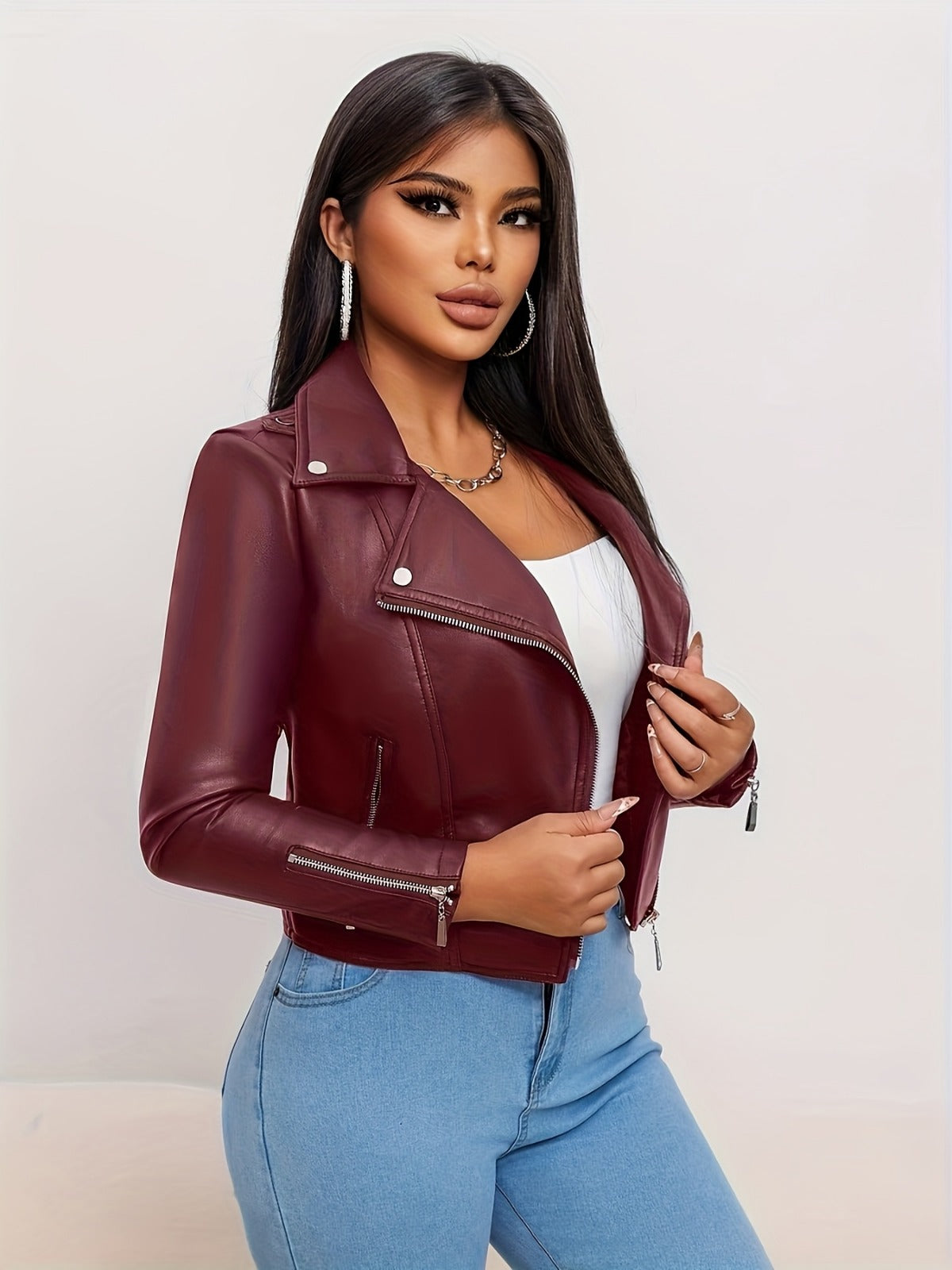 Women’s Chic Genuine Leather Biker Jacket – Beige Slim-Fit Moto Style with Zipper Front & Pockets | Spring/Fall Fashion