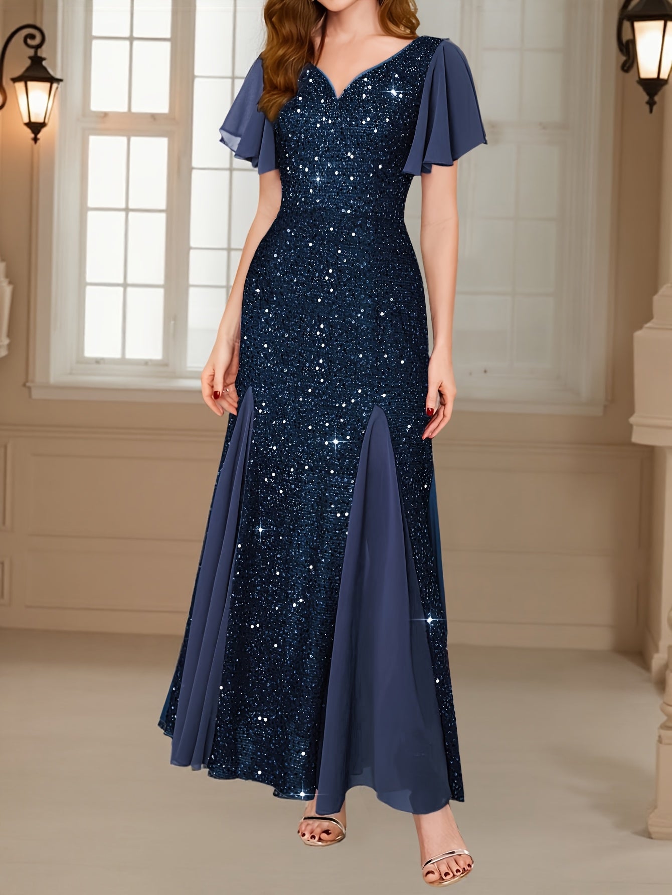 Women’s Elegant Sequin Lace Sweetheart Neckline Maxi Dress – Floor-Length Formal Evening Gown with Ruffle Sleeves | Wedding Guest & Party Wear