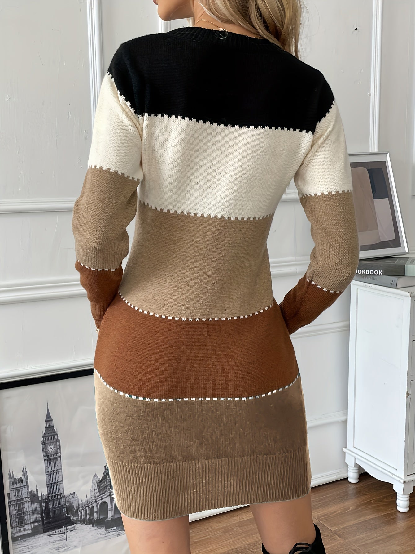 Vibrant Color Block Knee-Length Sweater Dress – Long Sleeve, Crew Neck, Flattering Fit, Elegant Patchwork Design