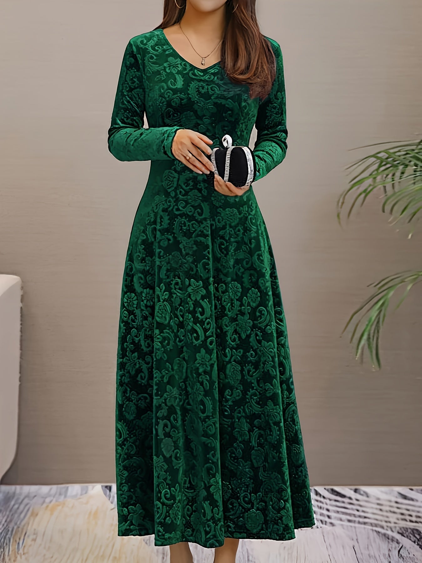 Women’s Elegant Green Poinsett & Golden Leaf Print Velvet Jacquard Dress – Floor-Length A-Line Gown | High-Stretch | V-Neck | Winter & Holiday Special 2025