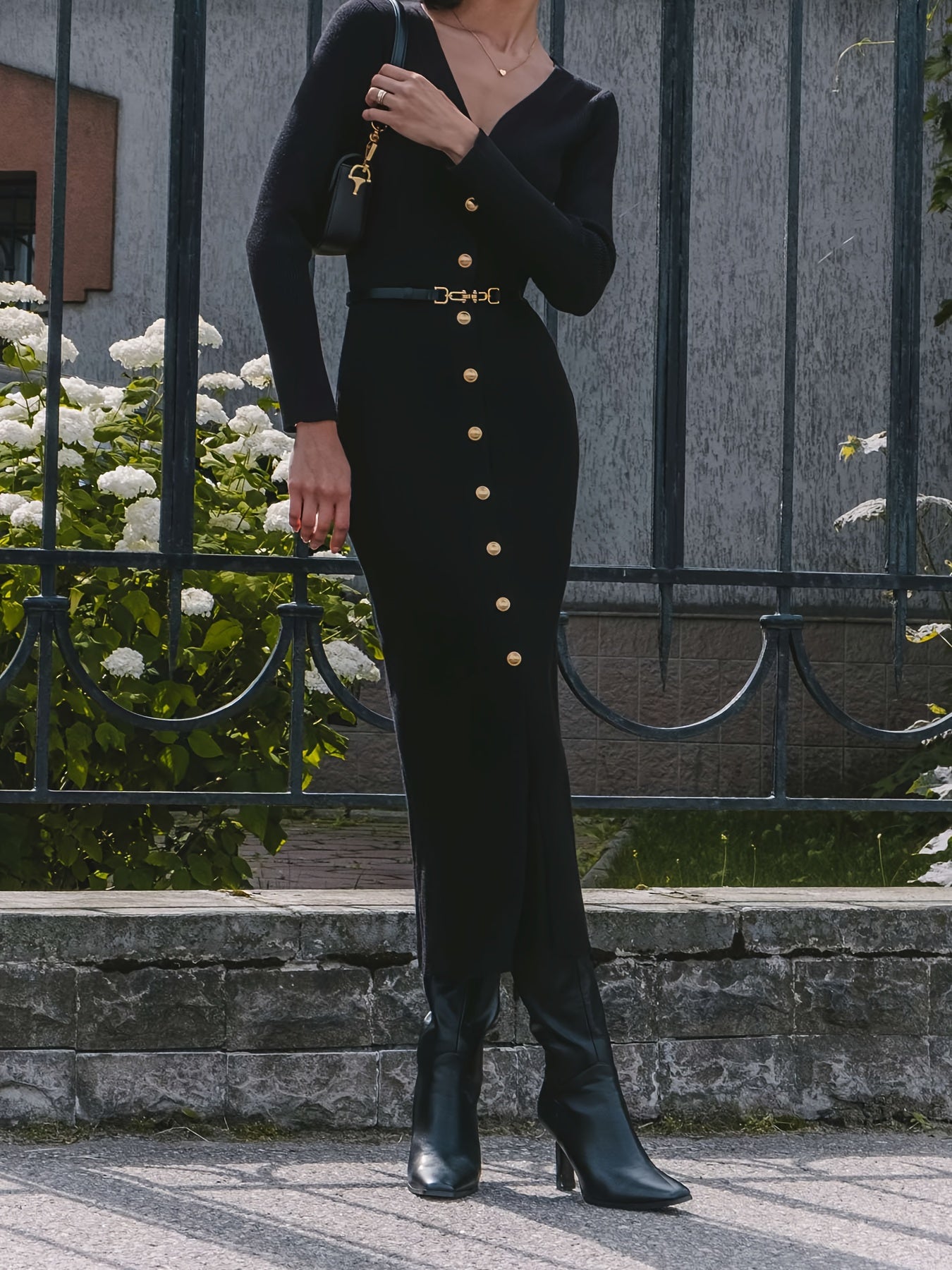 Women’s Elegant Long Sleeve V-Neck Dress – Button Front, Side Slit, Belted Waist, Solid Color, Fall/Winter Formal & Everyday Dress