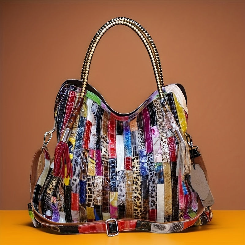 Handmade Bohemian Genuine Leather Patchwork Tote – Multicolor Stripe Purse with Leopard & Snake Accents, Adjustable Chain Strap
