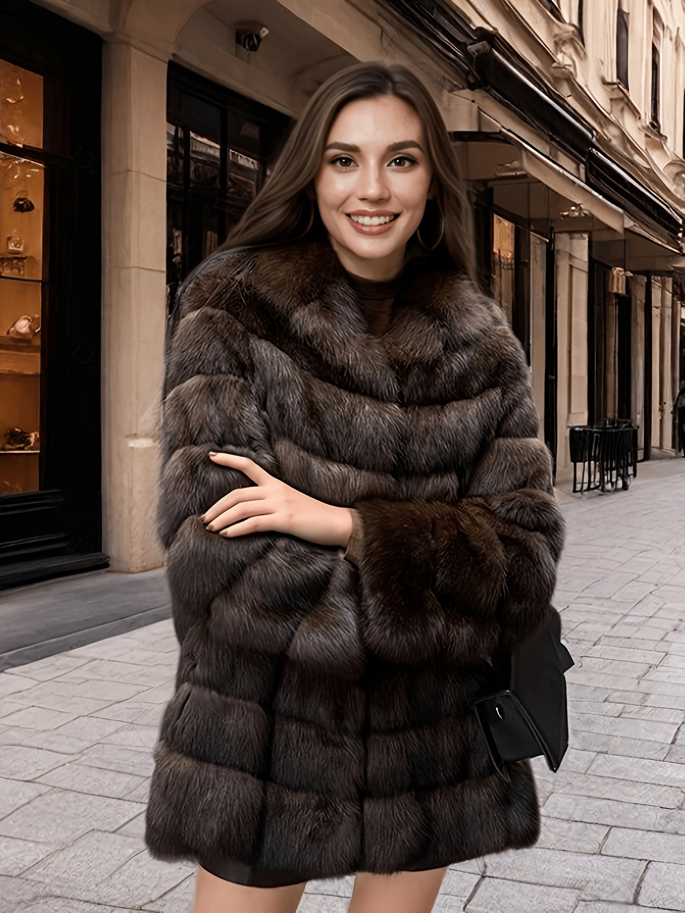 Women’s Elegant Faux Fur Coat – Mid-Length Winter Jacket with Front Closure, Flared Hem & Long Sleeves, Non-Stretch Fabric for Formal & Everyday Outfits