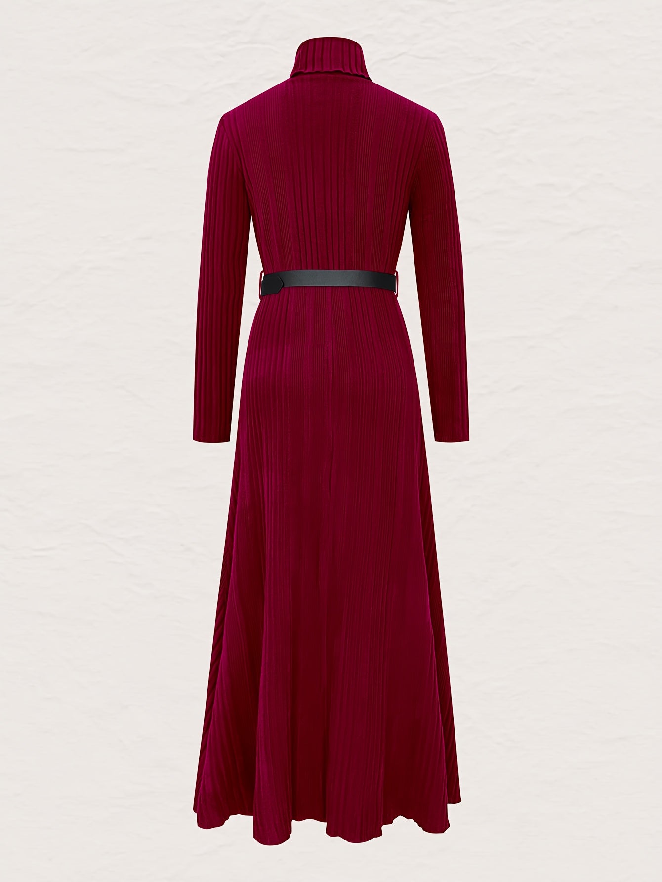 Women’s Elegant High-Neck Long Sleeve A-Line Maxi Dress with Belt – Solid Burgundy All-Season Floor-Length Dress | Formal, Work & Casual Wear