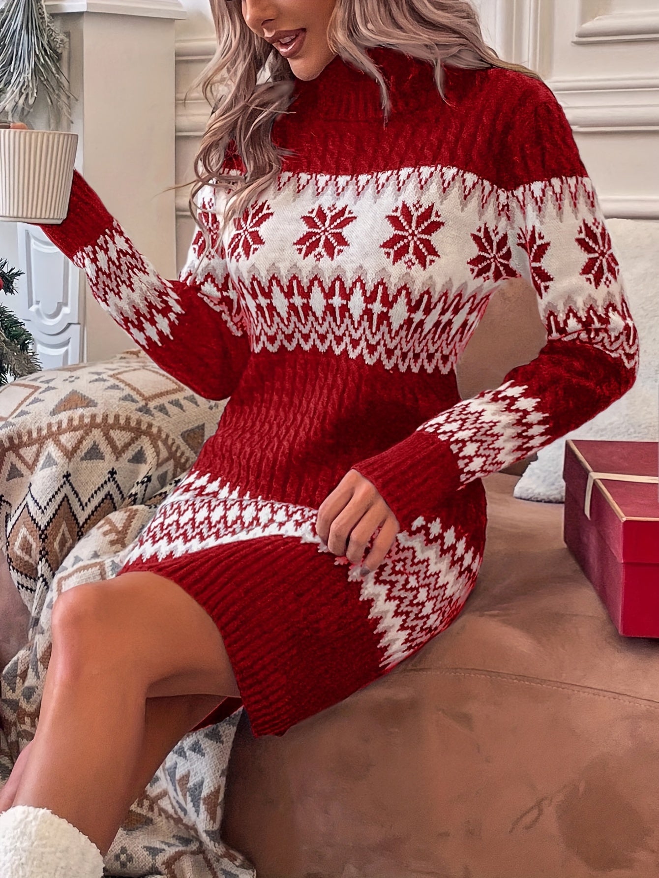 Women’s Christmas Sweater Dress – Red Snowflake Pattern, High Neck, Long Sleeve Cozy Winter Holiday Outfit