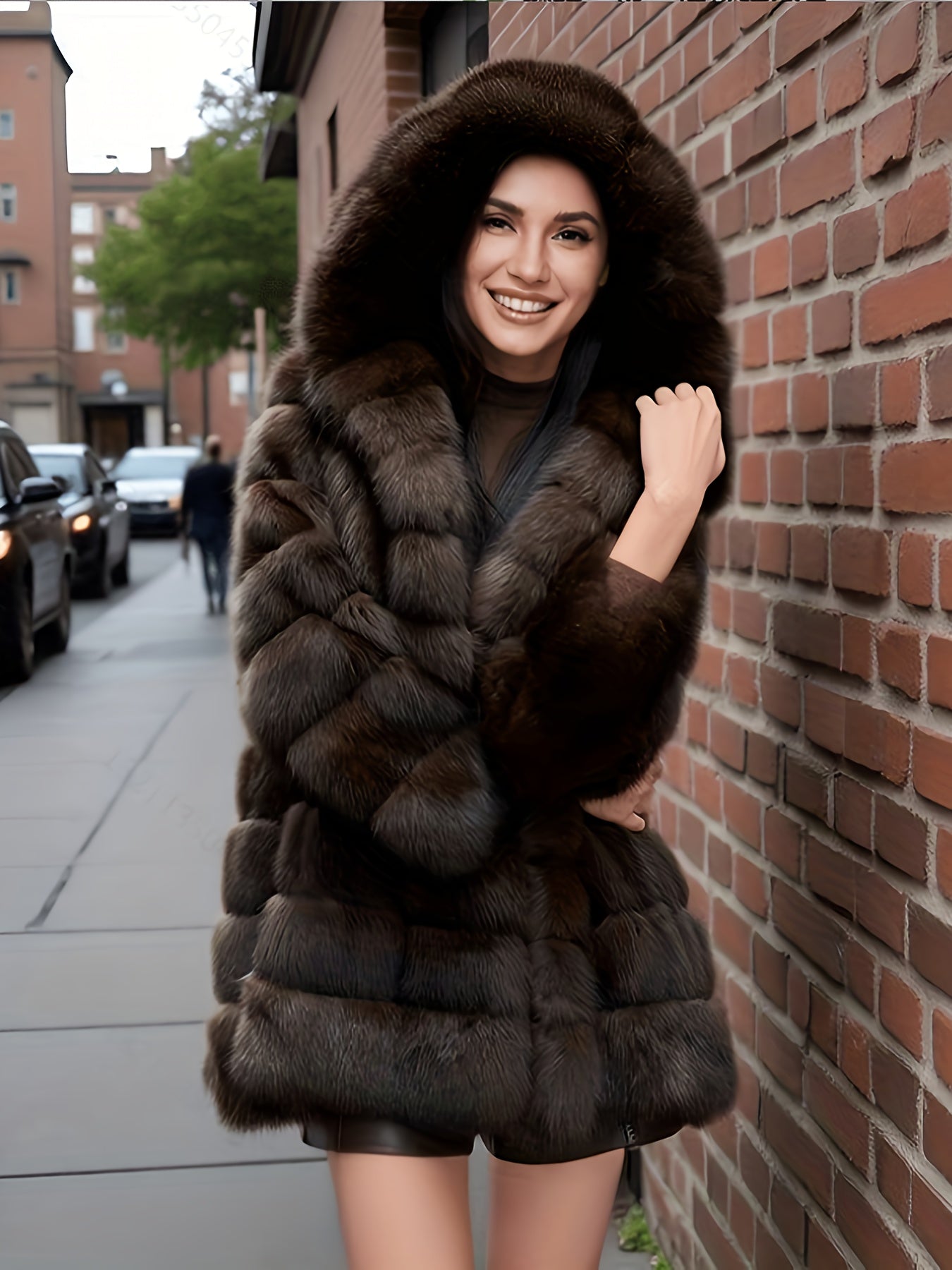 Women’s Elegant Faux Fur Coat – Mid-Length Winter Jacket with Front Closure, Flared Hem & Long Sleeves, Non-Stretch Fabric for Formal & Everyday Outfits
