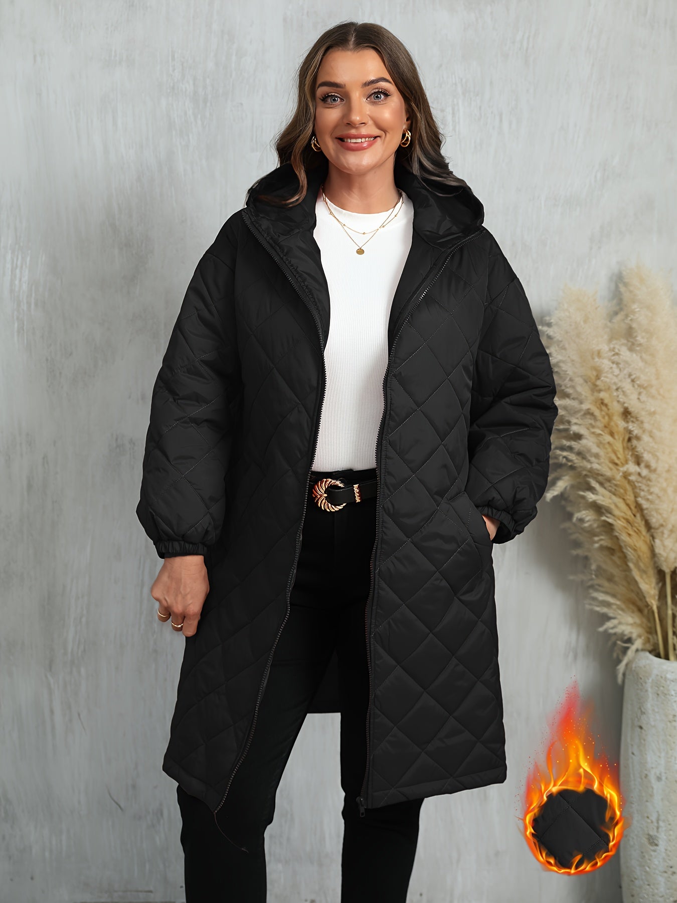 Plus Size Women’s Hooded Windproof Winter Coat – Oversized Warm Full-Zip Jacket with Pockets (Multiple Colors)