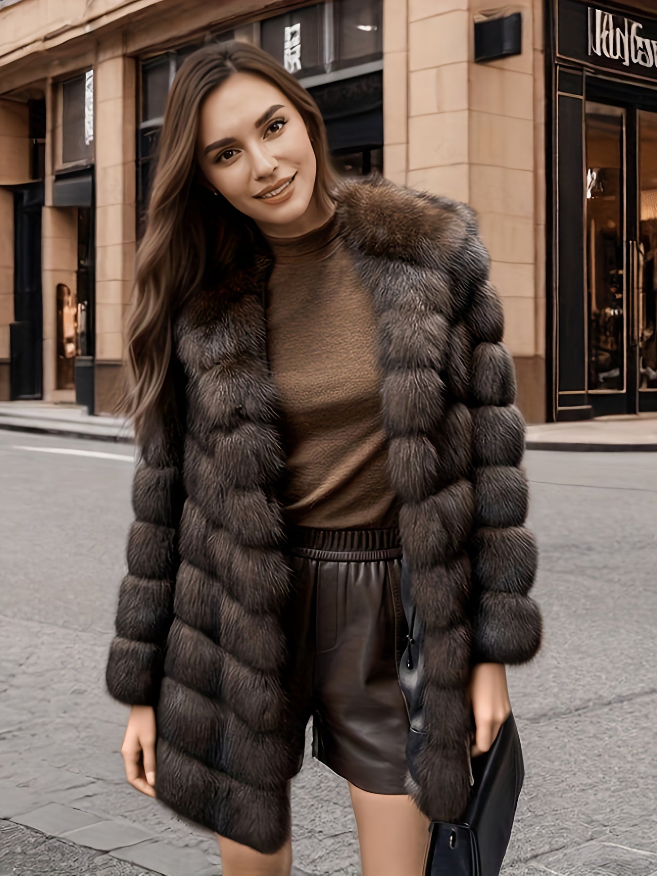 Women’s Elegant Faux Fur Coat – Mid-Length Winter Jacket with Front Closure, Flared Hem & Long Sleeves, Non-Stretch Fabric for Formal & Everyday Outfits