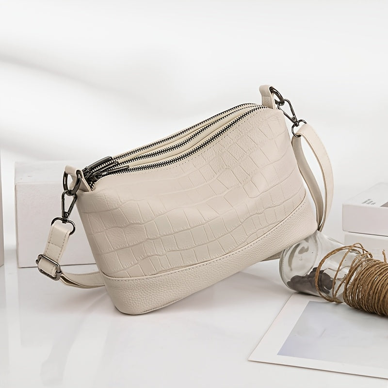 Women’s Large Capacity Genuine Leather Crossbody Bag – Detachable Strap & Golden-Tone Hardware, Structured Round Toe Design