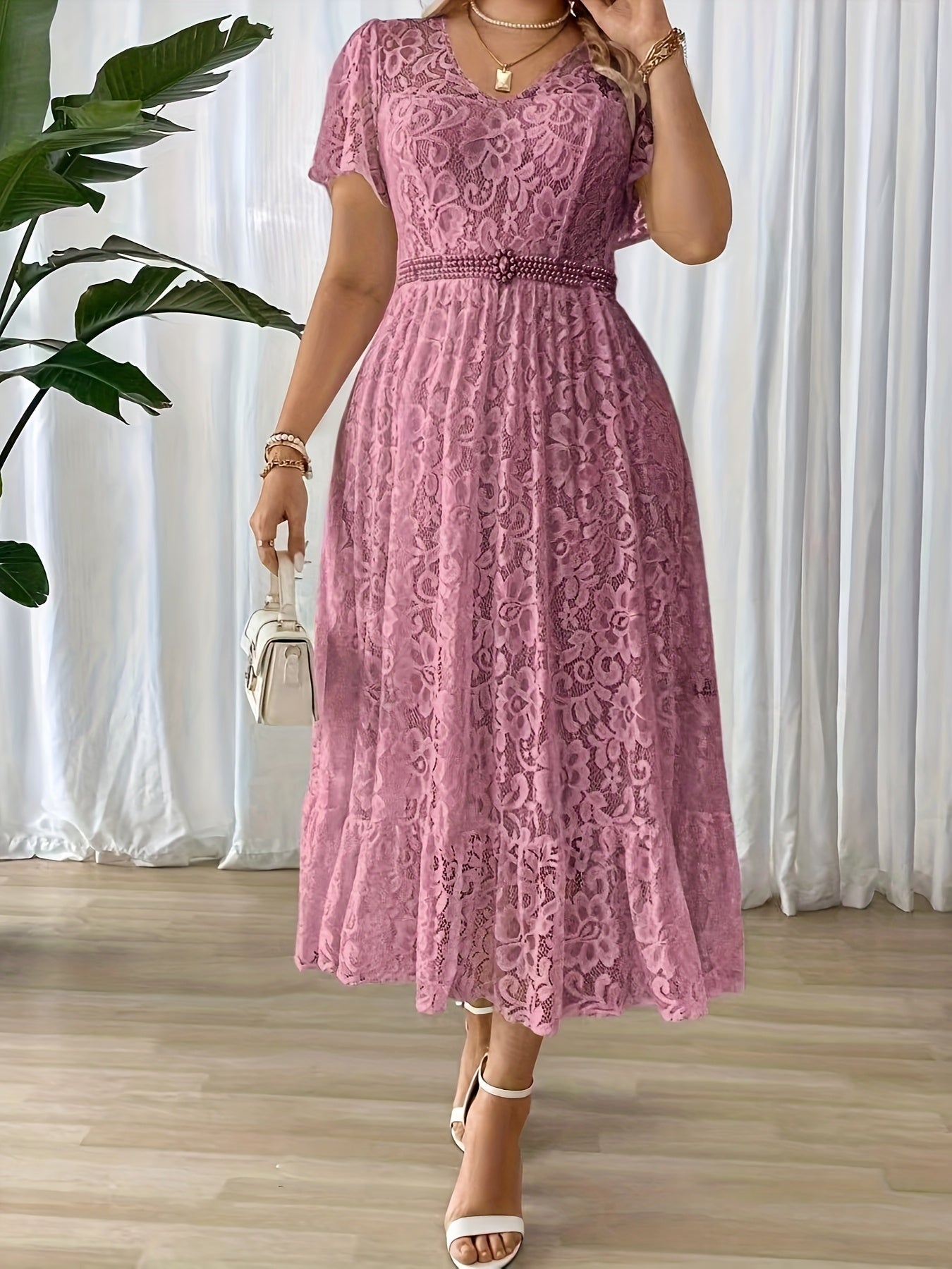 Plus Size Elegant A-Line Lace-Collar Dress – Long Solid Black Formal Party & Wedding Guest Gown