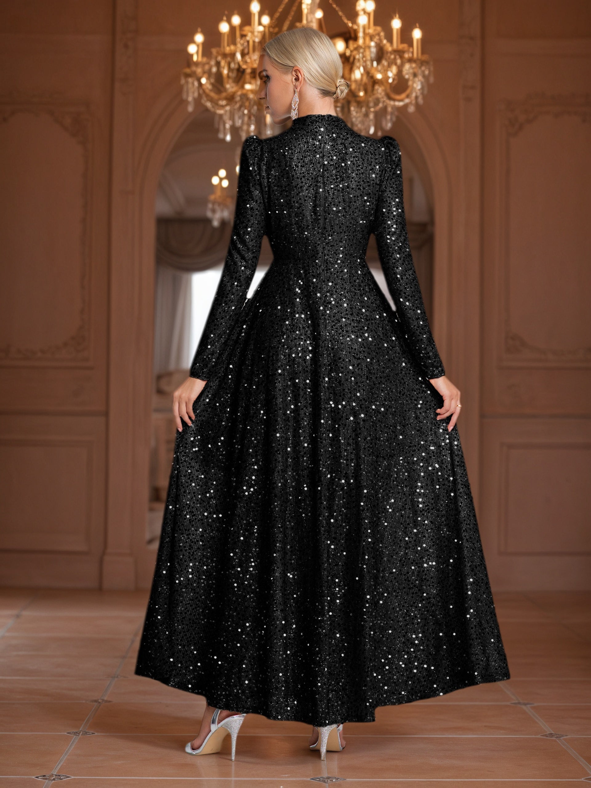 Women’s Elegant Winter Wedding & Special Occasion Maxi Dress – Long Sleeve, High-Neck, Asymmetrical Train, Padded Bust, Fit & Flare Silhouette