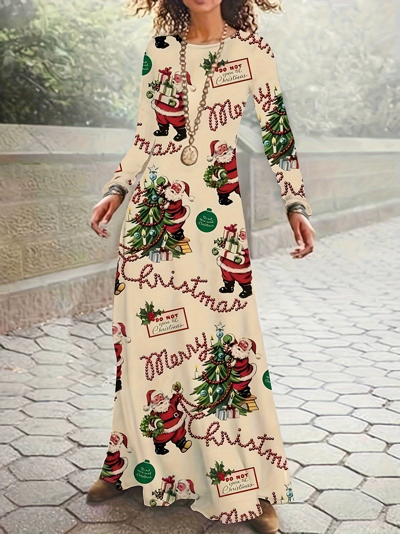 Women's Christmas Santa Print Maxi Dress – Long Sleeve Crew Neck, Casual Holiday A-Line Winter Dress