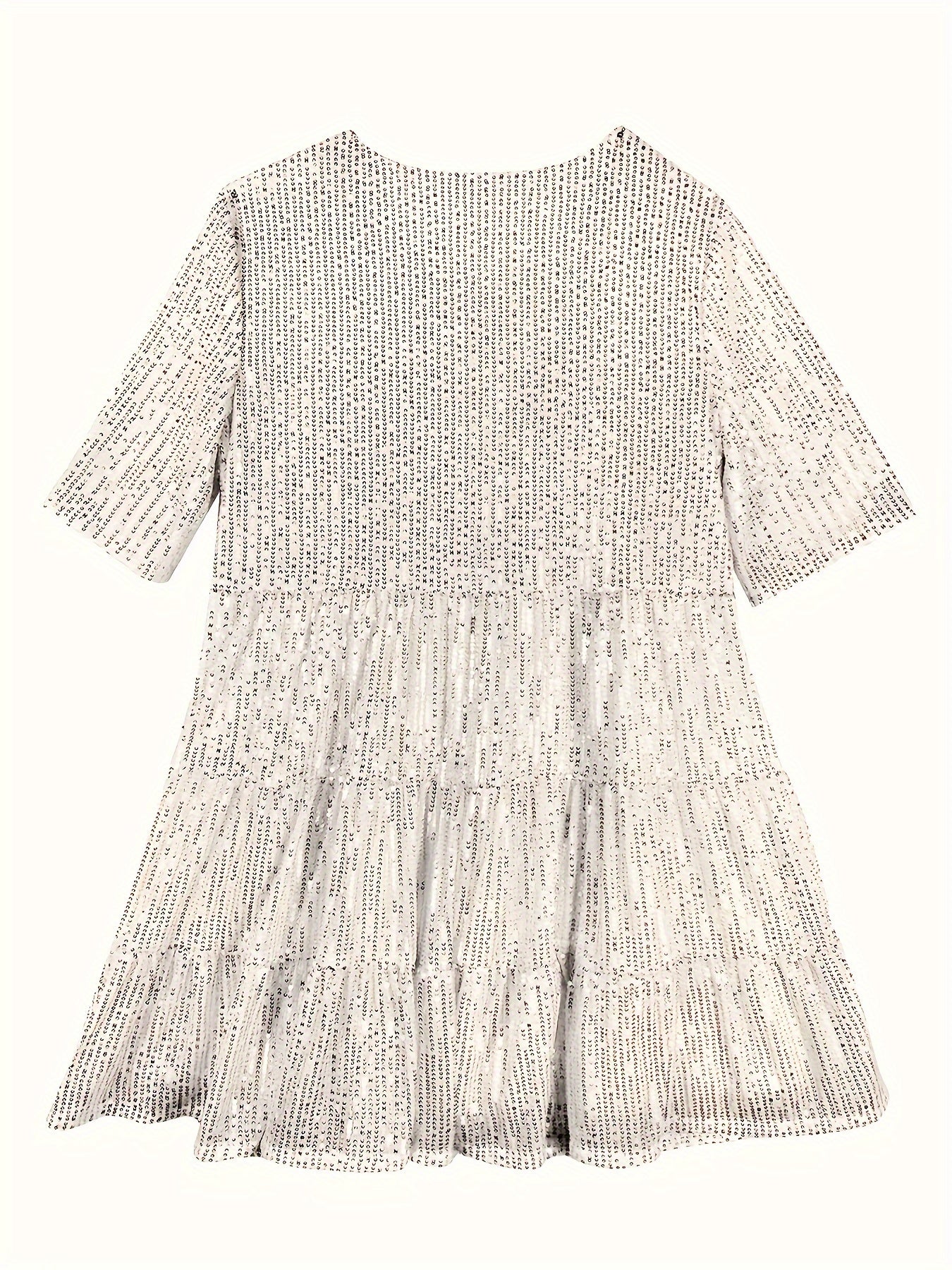 Women’s Elegant Pleated Sequin Tunic Dress – Loose Fit Midi | Crew Neck Short Sleeve | Contrast Sequin Tiered Hem