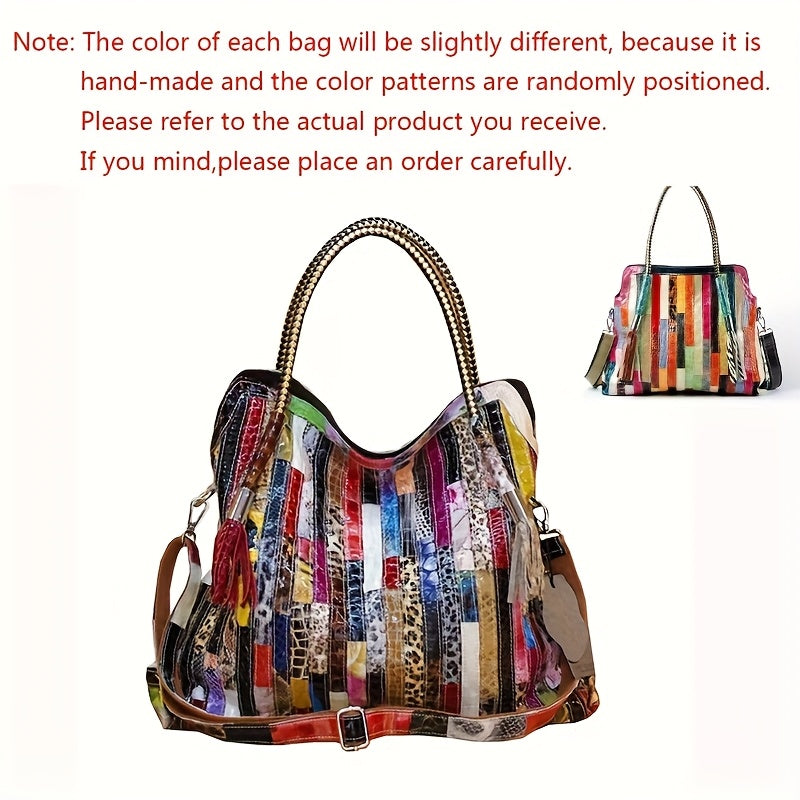 Handmade Bohemian Genuine Leather Patchwork Tote – Multicolor Stripe Purse with Leopard & Snake Accents, Adjustable Chain Strap