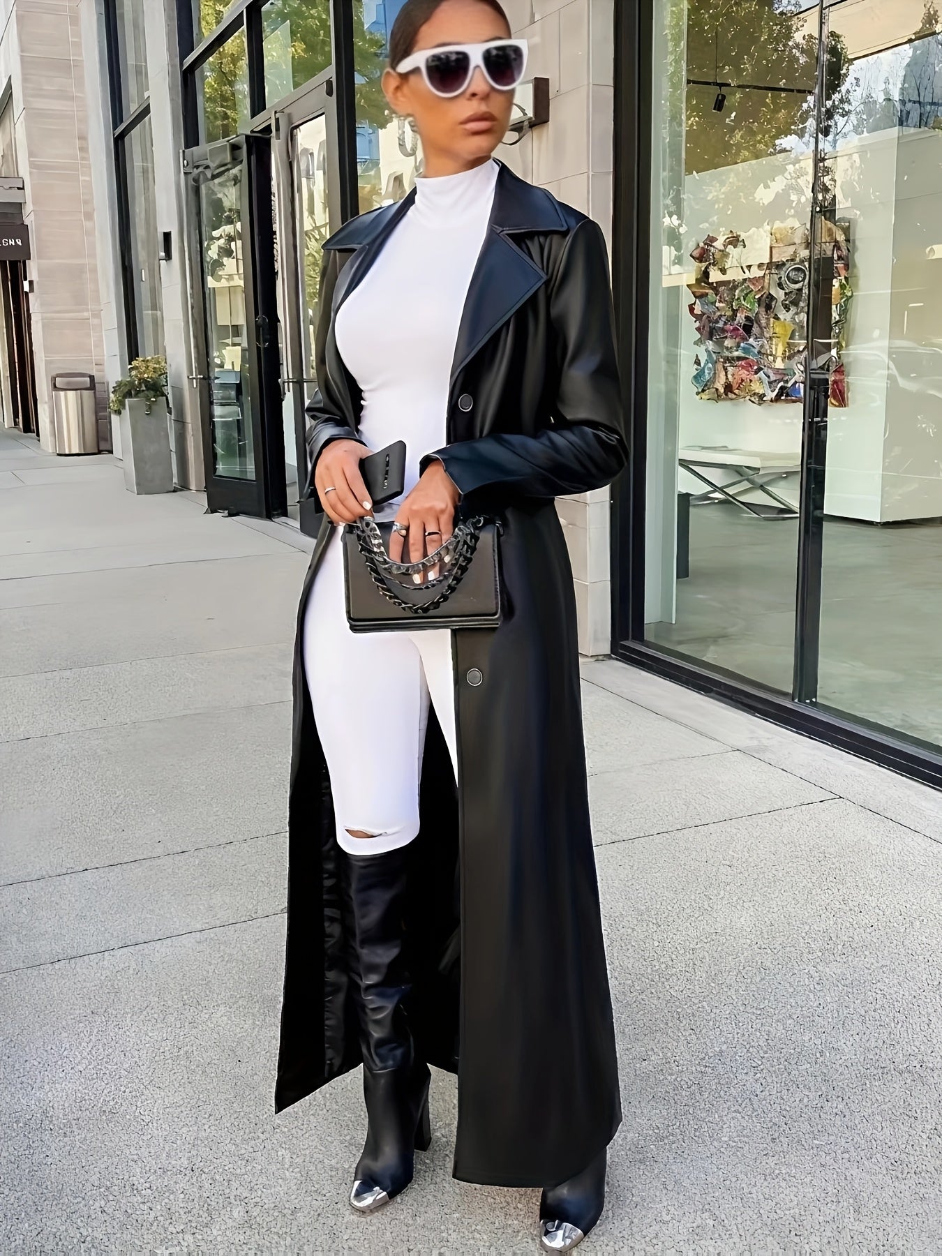 Women’s Genuine Leather Long Trench Coat – Classic Solid Color, Elegant Autumn Wear