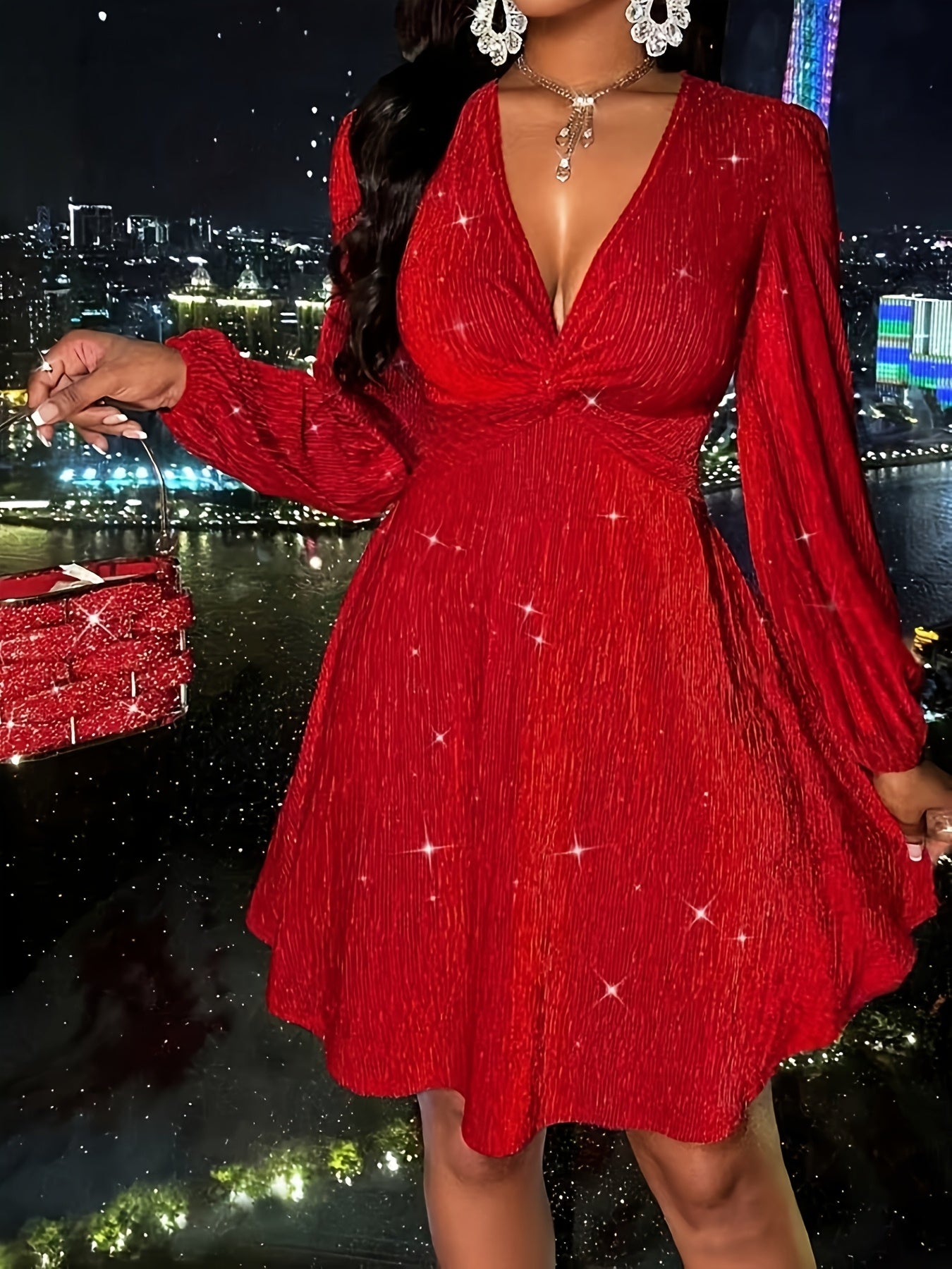Women's Christmas Elegant Deep V-Neck Twist Front Party Dress – Lantern Sleeves, Sparkle Detail, Fall/Winter A-Line Cocktail Dress