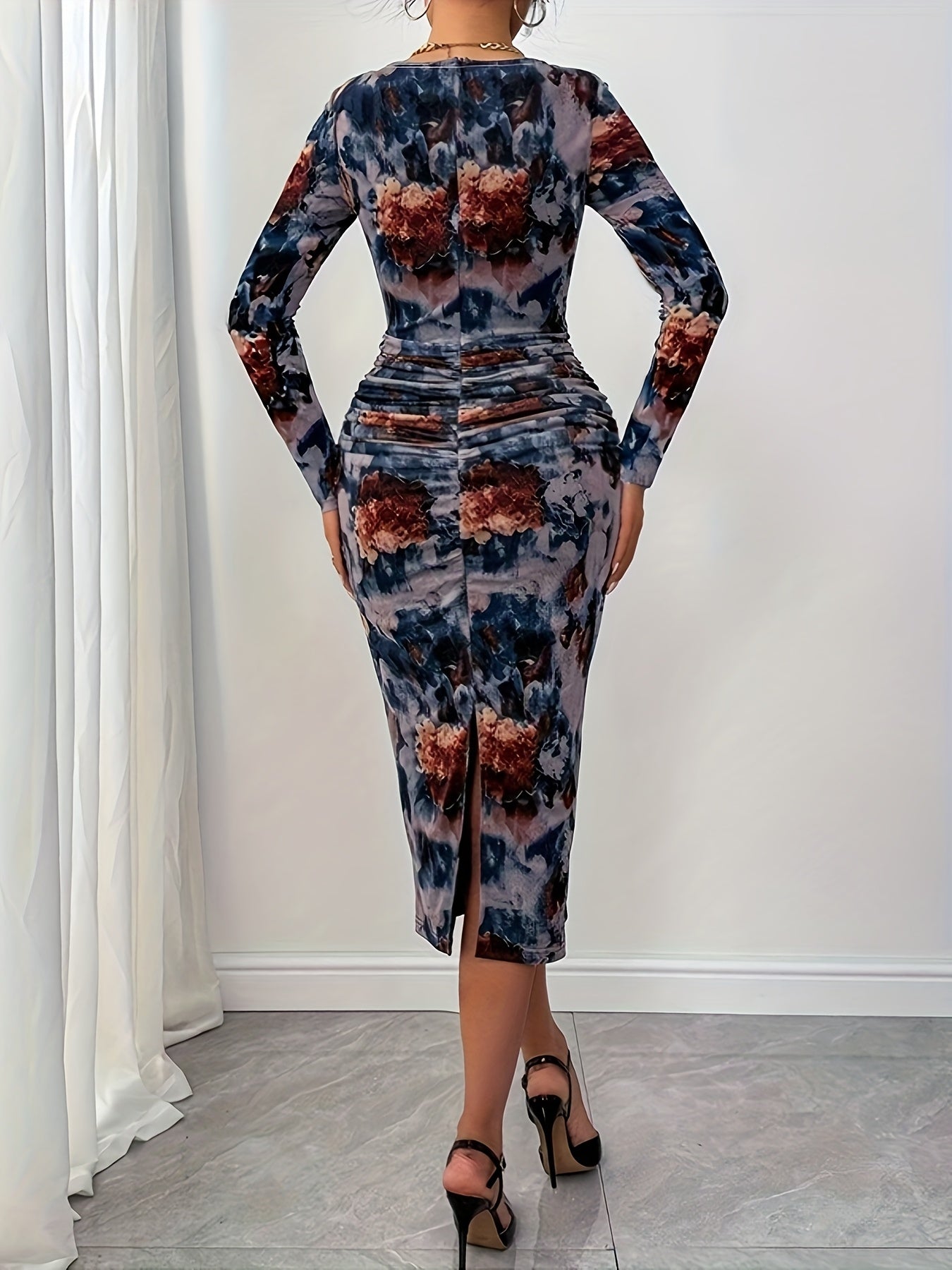 Women’s Floral Print Midi Dress – Vintage French Style | Slim Fit Waist | Long Sleeve Split Hem | All-Season Elegant Dress