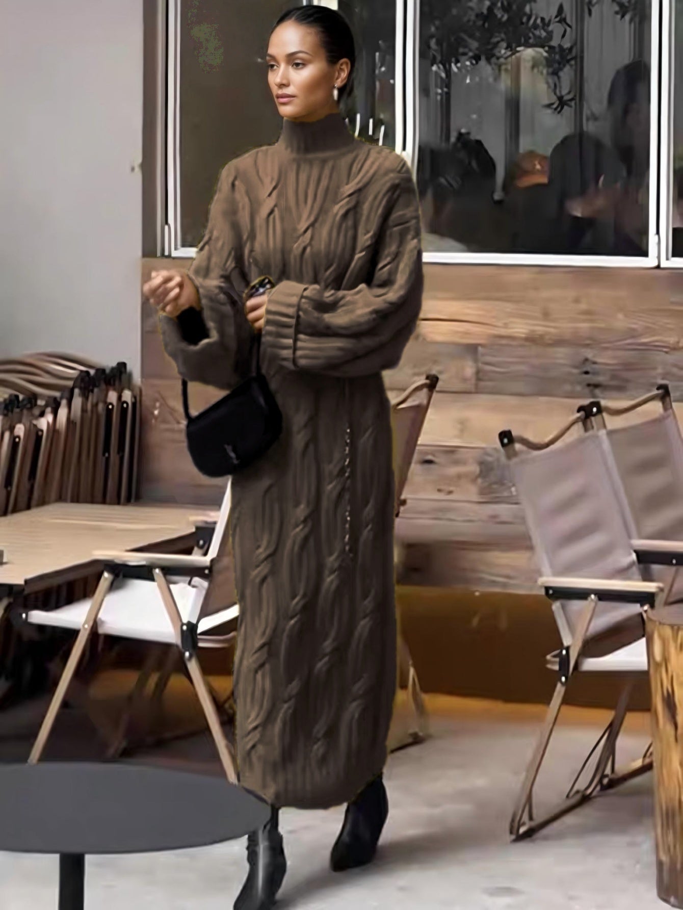 Women’s Elegant Vintage Maxi Dress – High Neck Twisted Rope Neckline, Loose A-Line H-Line, Long Sleeve | Fall/Winter Formal & Special Occasion Dress