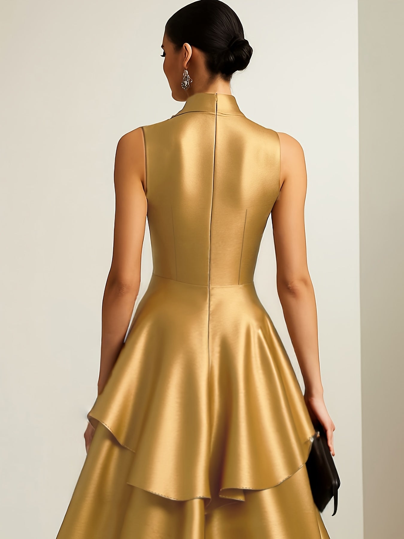 Elegant Stand Collar A-Line Sleeveless Long Dress – Solid Color | Fit & Flare Ball Gown Hem | Autumn–Winter Collection