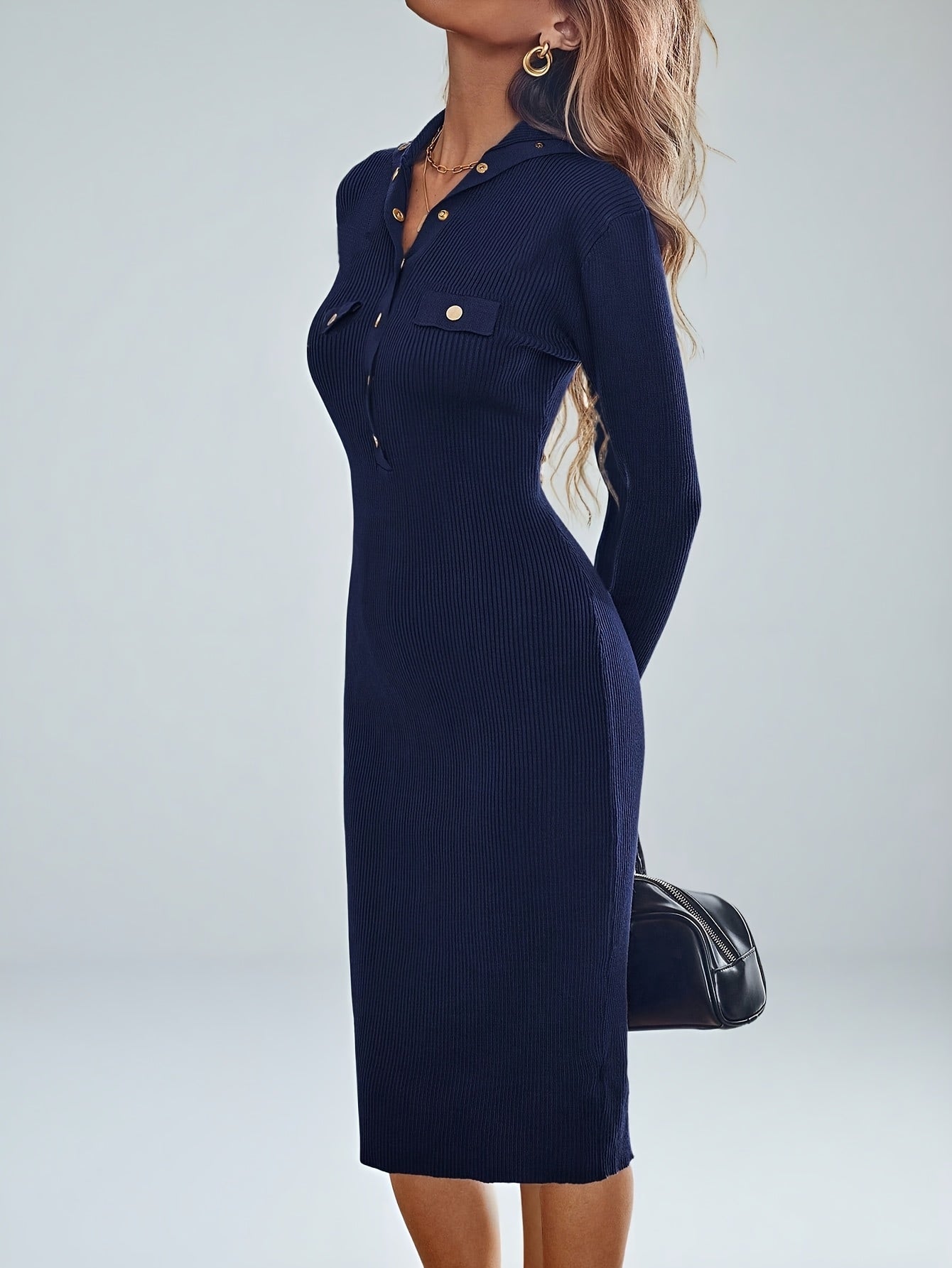 Women's Elegant Navy Blue Long Sleeve Bodycon Dress – Slim-Fit, Structured Waist, Floor-Length, Formal & Semi-Formal Wear