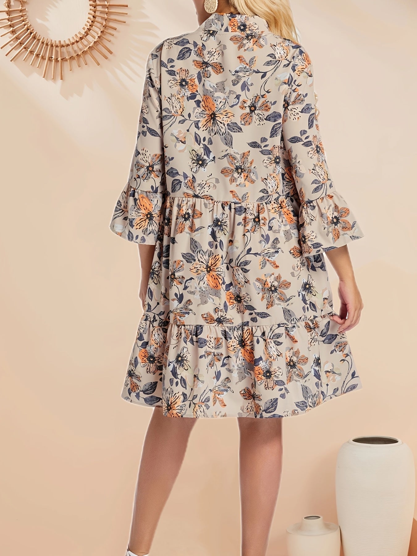 lus Size Bohemian Floral V-Neck Mini Dress – Long Sleeve Ruffled Hem & Layered Skirt, Spring/Summer/Fall Casual & Semi-Formal