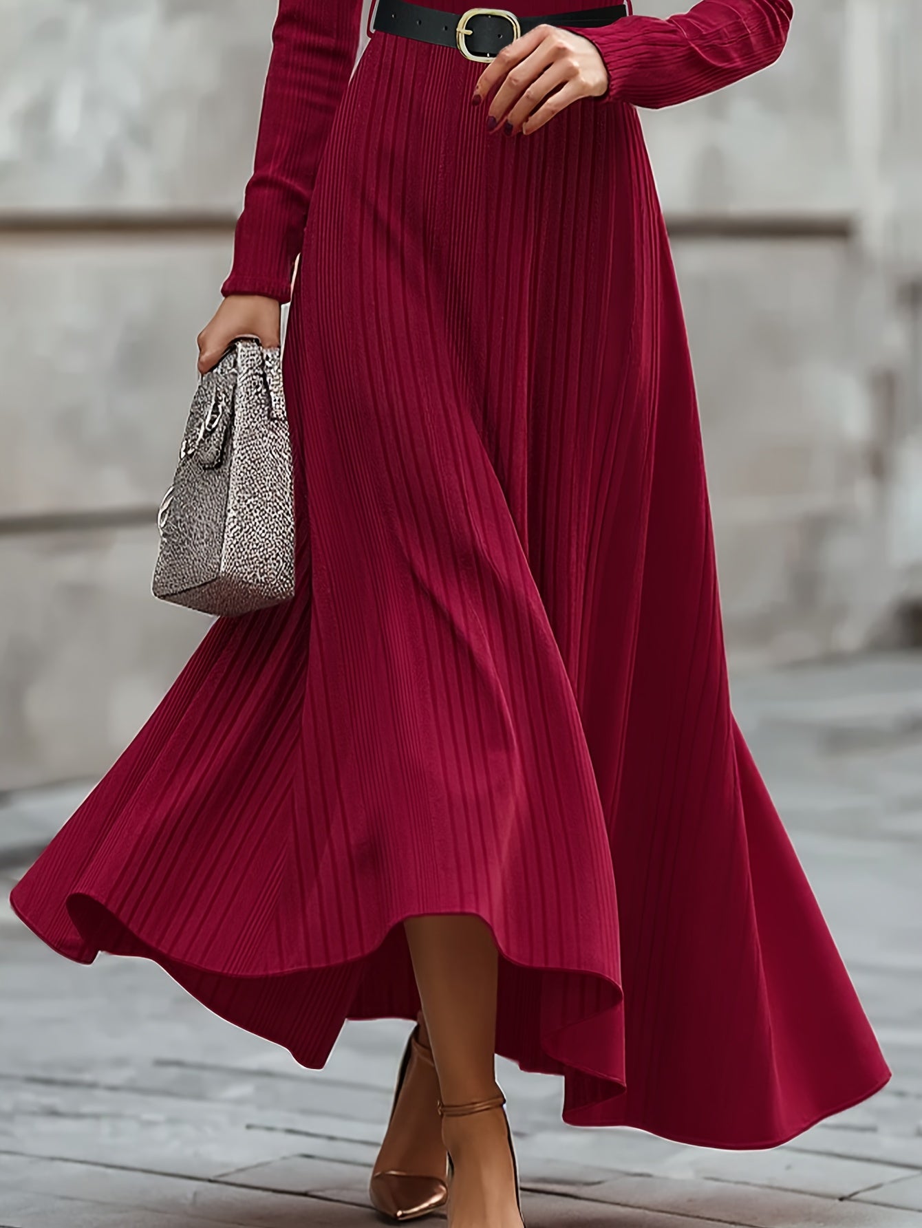 Women’s Elegant High-Neck Long Sleeve A-Line Maxi Dress with Belt – Solid Burgundy All-Season Floor-Length Dress | Formal, Work & Casual Wear