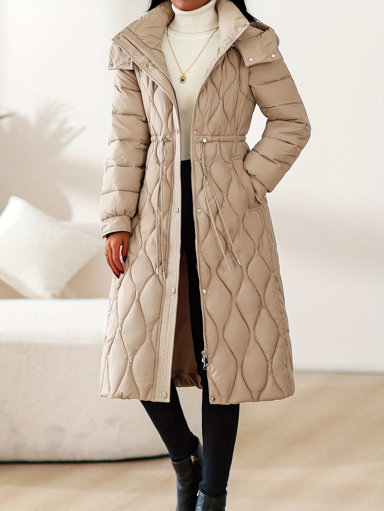Women’s Winter Coat with Hood – Long Formal & Everyday Outerwear | Belted Waist, Solid Neutral Tones, Zipper Closure | Elegant Cold-Weather Jacket