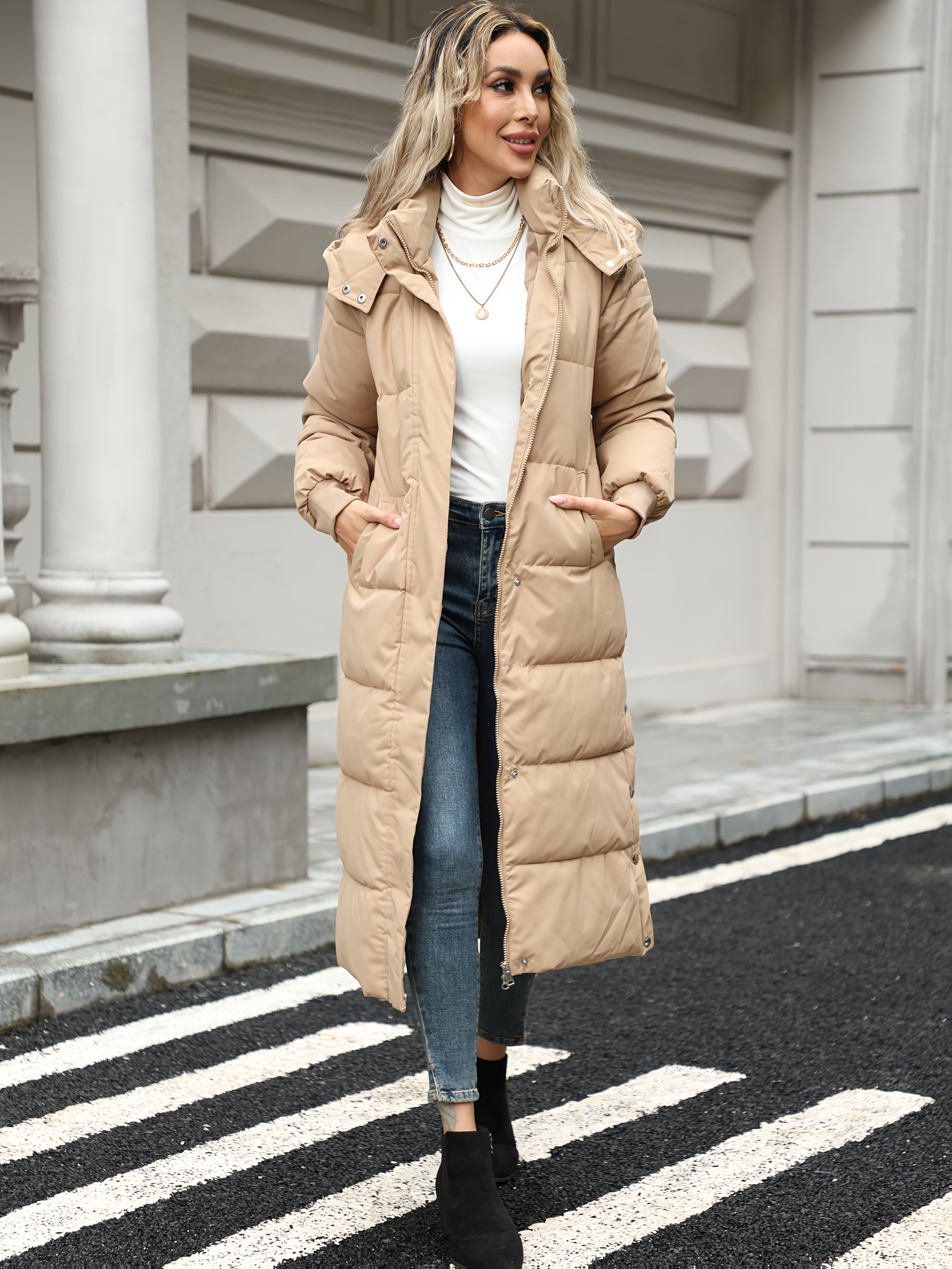 Women’s Elegant Winter Coat – Thickened Cold Weather Outerwear with Full-Zip Closure, Knee-Length Hooded Jacket for Everyday & Formal Events