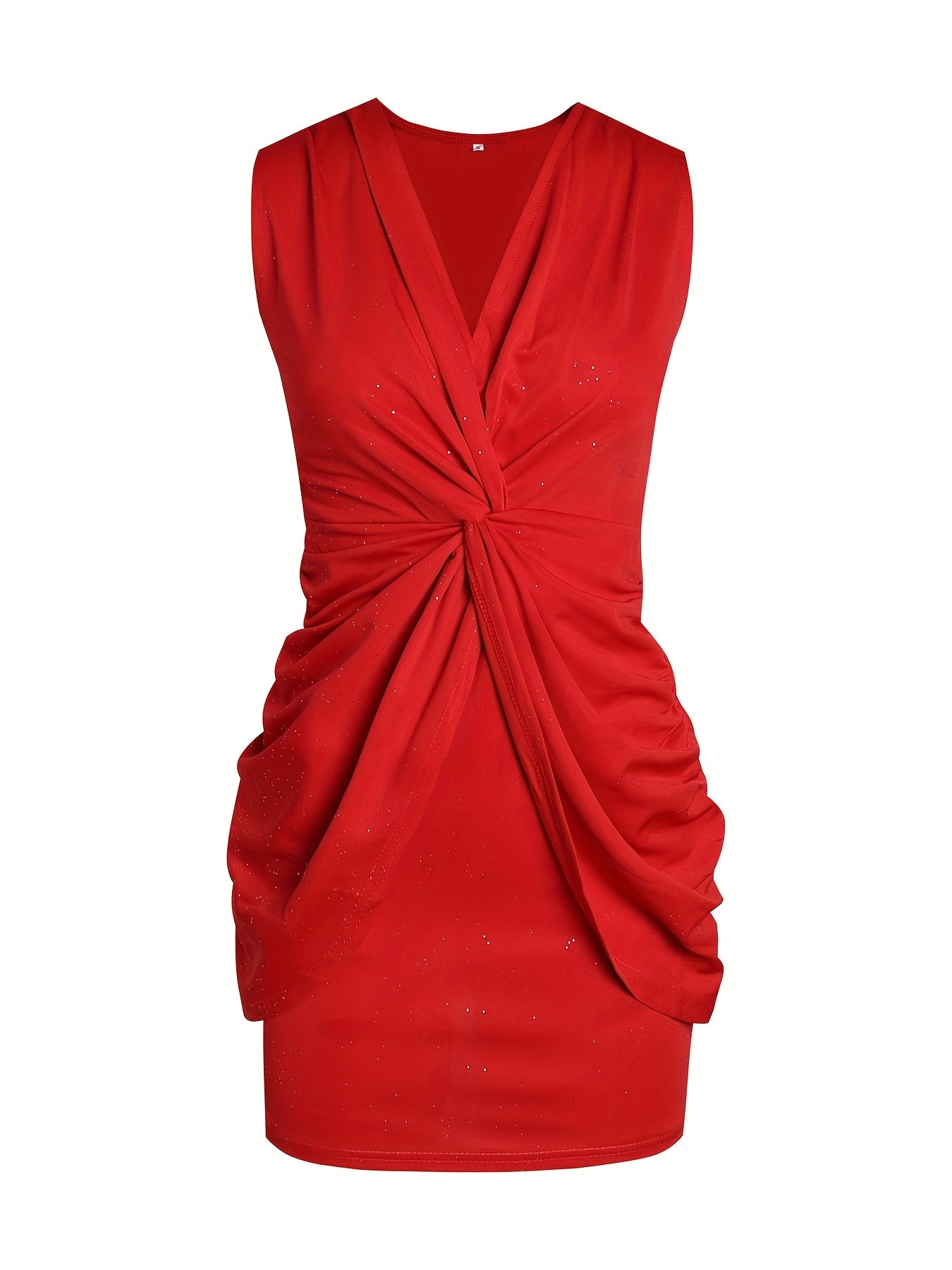 Elegant Red V-Neck Bodycon Mini Dress – Sleeveless Knotted Detail | Sparkling Design | Spring/Summer
